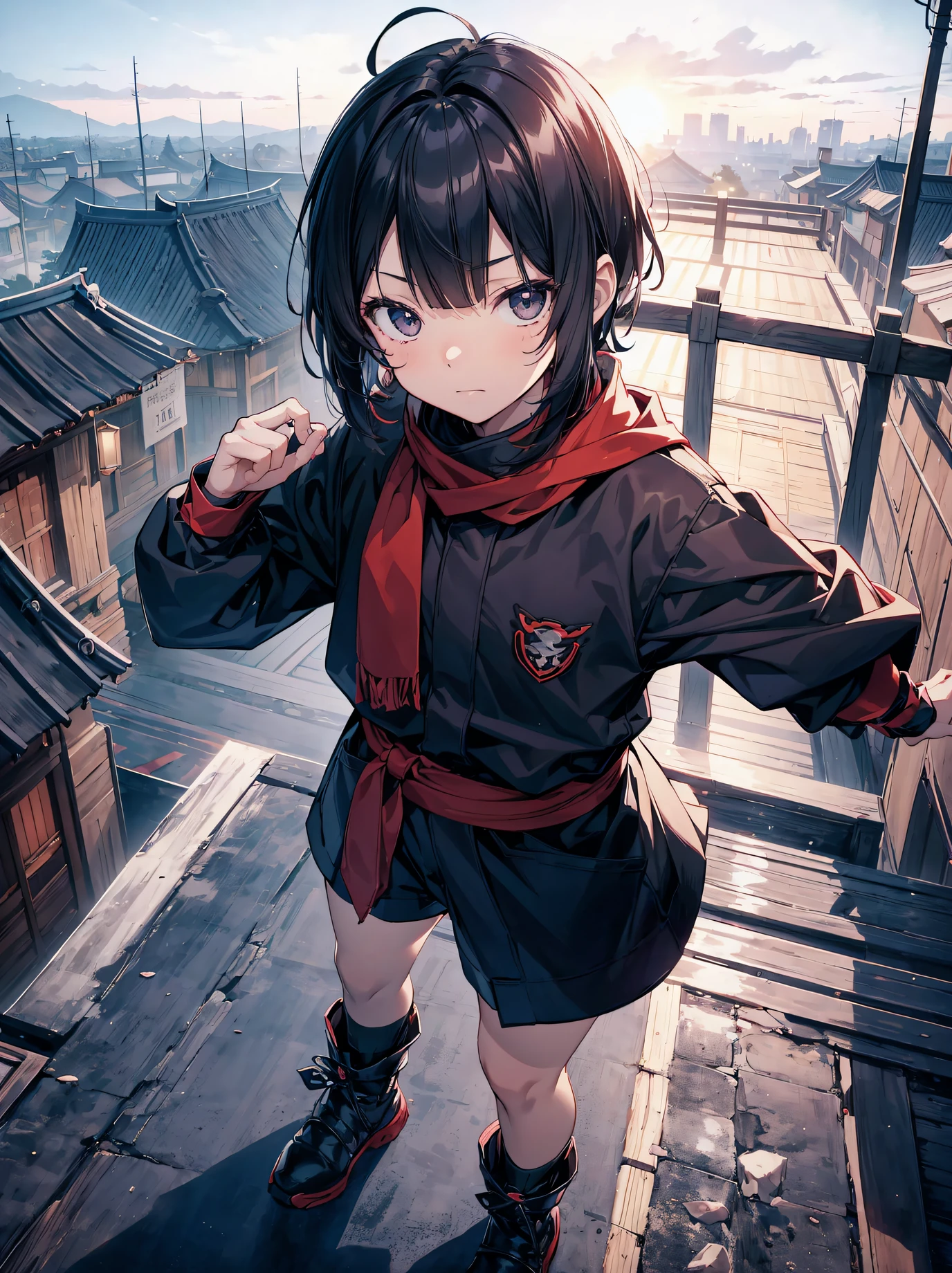 What is a ninja?、... It's cool and... quick.!The era is Edo...。divine quality, anime moe art style,Best Anime 8K Konachan Wallpapers,Badass Anime 8K,Perfect Anatomy, (Please draw a picture of a ninja girl looking down on the city of Edo from the roof of her house..)From diagonally above,Dutch Angle,BREAK, 1 The girl is a ninja, (Solo,Lori,,12yead:1.3), Androgynous attraction, (Very short hair, Blunt bangs), Full limbs, complete fingers,flat chest, Small butt, groin, Finely detailed 8K beautiful black eyes,
Ninja costume, Shorts, Ninja scarf fluttering in the wind, Stand on the roof of the house. BREAK, i have a mission.。Sasasasa...。Ultra-detailed,High resolution,super detailed skin, Professional Lighting, (cool illustration:1.2),