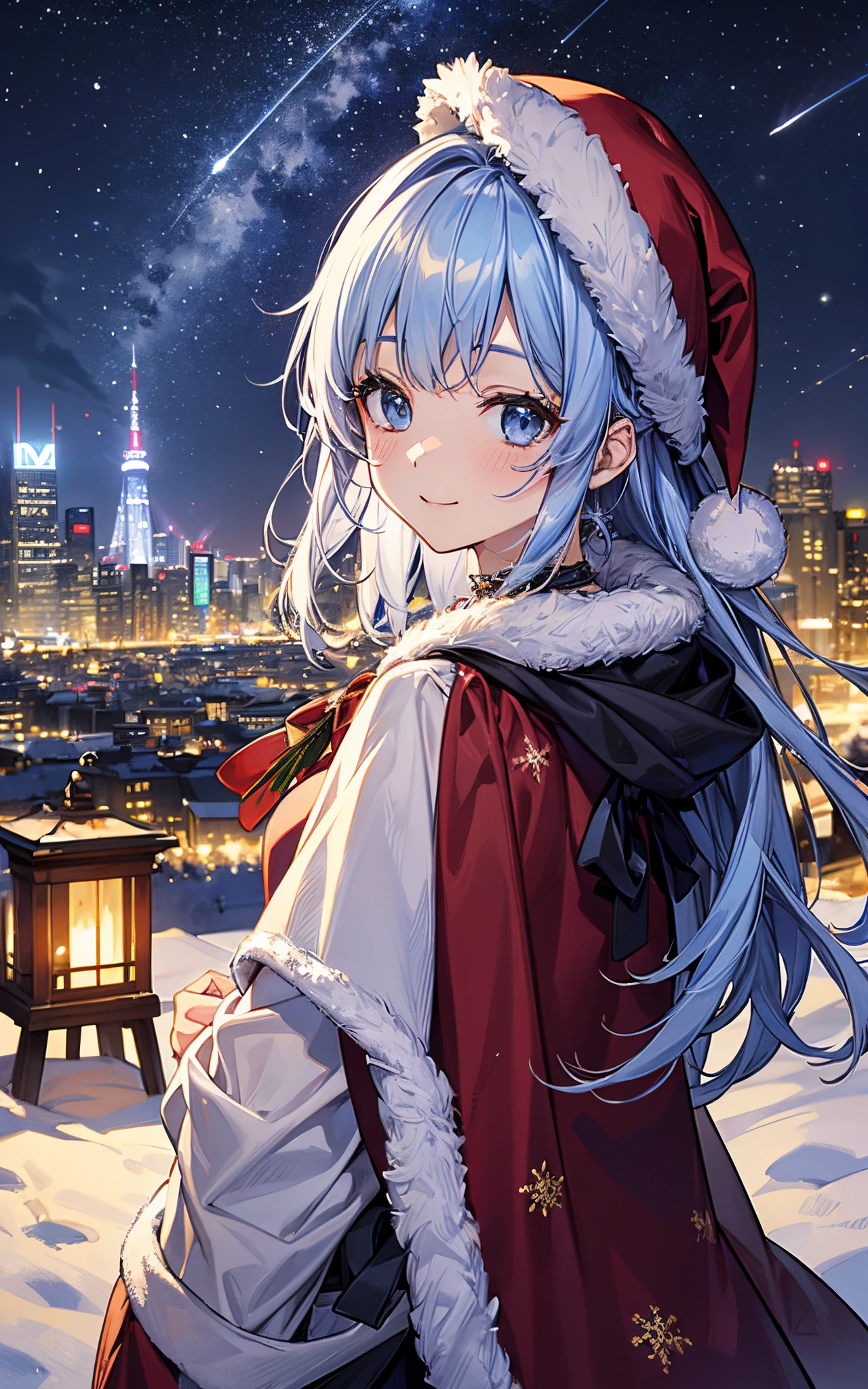 ((Composition seen from directly behind))、a shooting star falls、Falling snow、A lot of light falls on the city、Top image quality、Top resolution、masterpiece、(((One lady)))、(((5Head and body)))、
((Modern city))、((Christmas downtown))、nigh sky、jpn、
A slight smil、Beautie、
(((blue santa costume)))、(((hair adornments)))、((christmas hat))、a choker、Christmas cloak、Hair Arrangement、
Refers to 5、