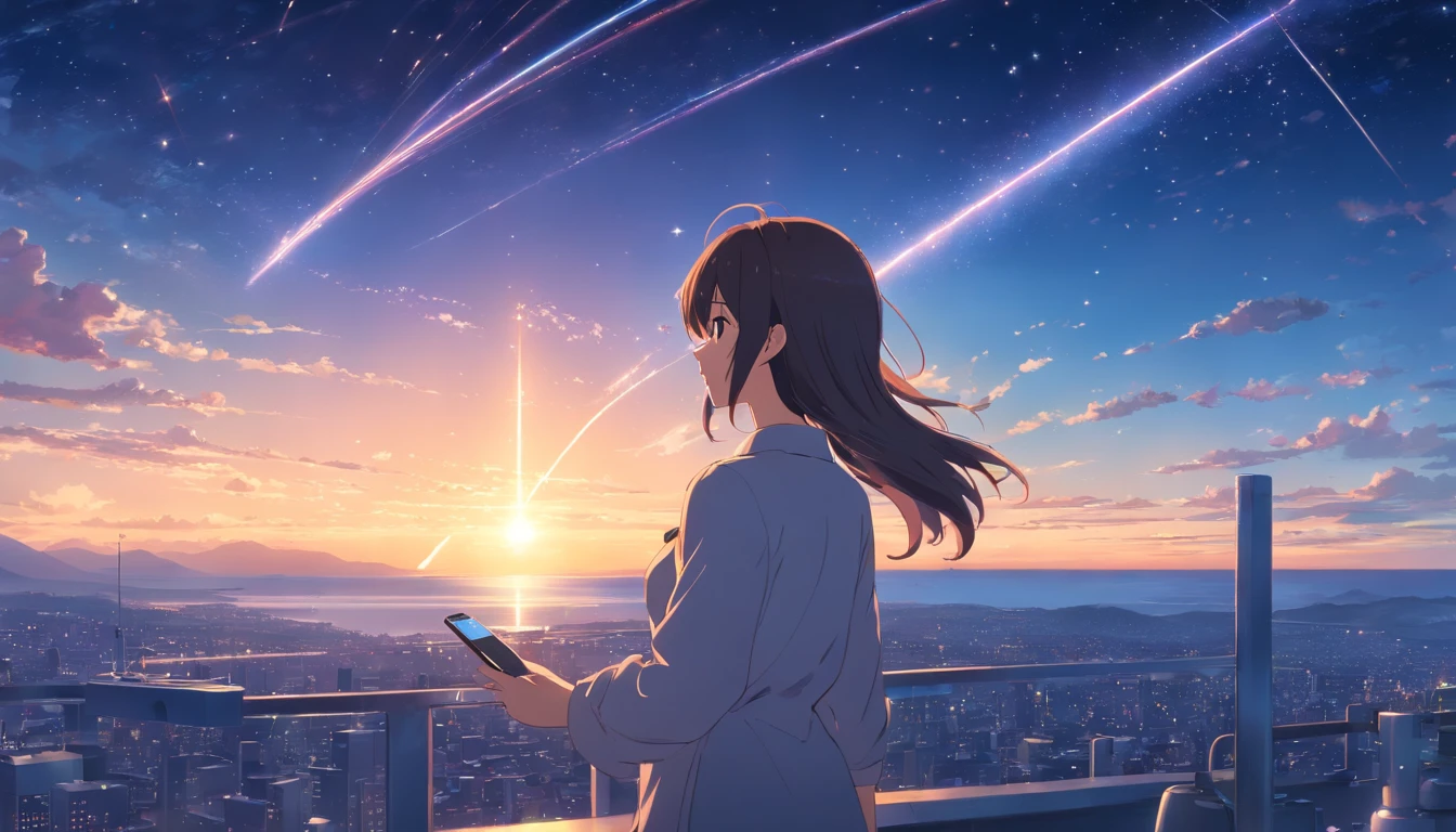 8K, Full body, Long shot, master peace, High-quality, Back view, A long hair female, ((using a smartphone)), (Perfect hands), with many colleagues, perfect blue sky (no shooting star), many radio telescopes