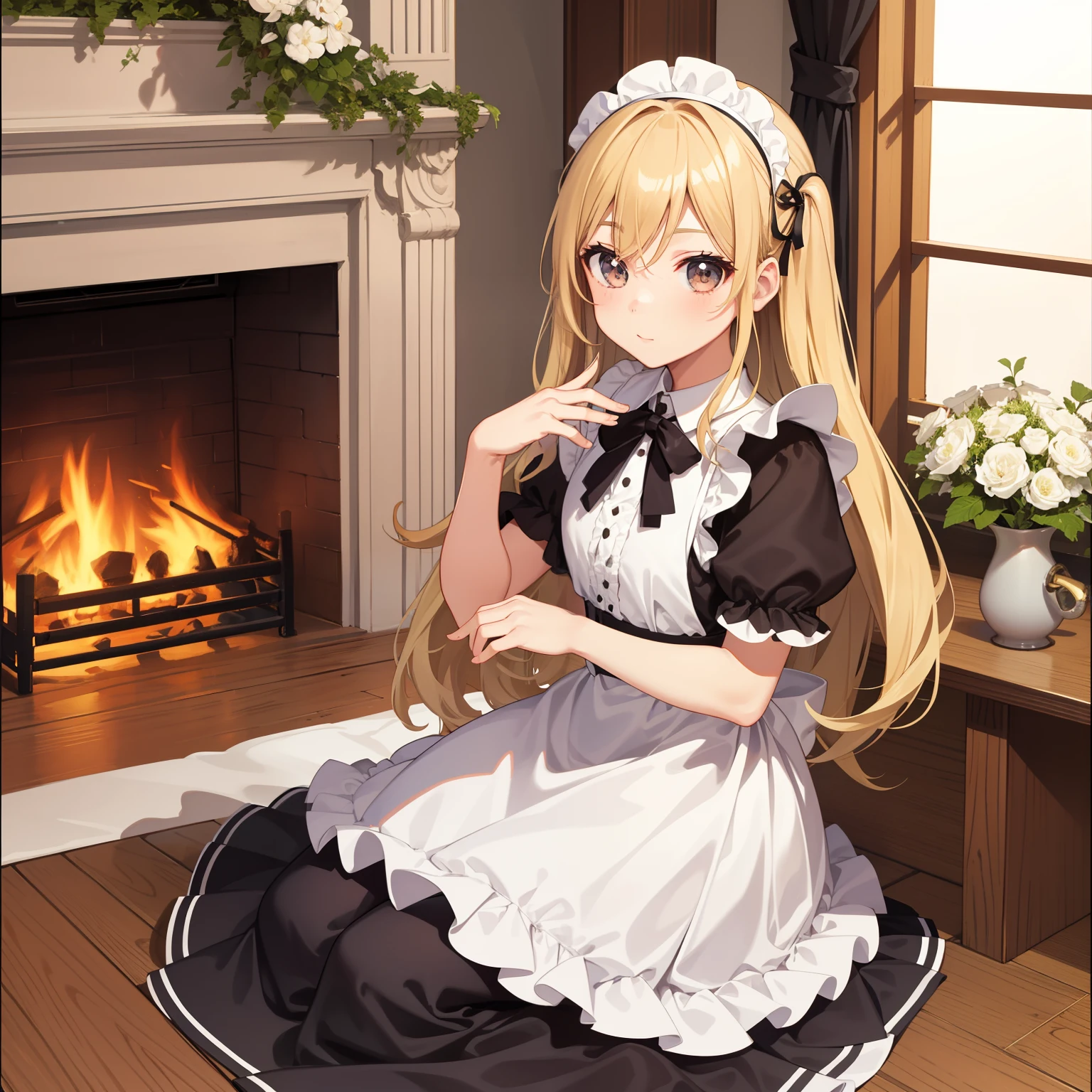 1girl in、a blond、Maids、turn your palm toward the fireplace、warm up、near the fireplace、fit derrier、see fireplace、Warm fuzzy