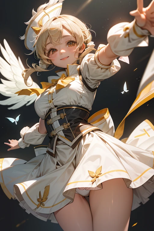 (HD, Sharp), 1 girl, little girl, Super Glossy Skin, (fluttering skirt, skirt lift, white ?????????:1.2), Big ??????, mami tomoe, kind smile, pov, reaching hands towards viewer, outstretched arms