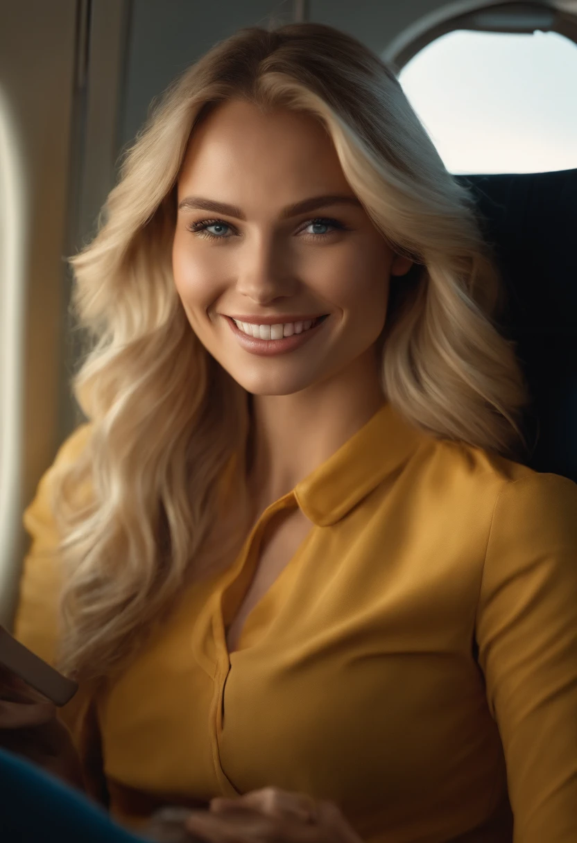 Hyper realistic and detailed full body photo of one young smiling blonde beautiful woman. sitting in the airplane, purce in the hand,, amazing body, holding phone . Sun is shining. perfect eyes, (Eye makeup:1.1), (highly detailed skin:1.1), RAW, analog style, sharp focus, 8k UHD, DSLR, high quality, Fujifilm XT3, grain, award winning, masterpiece.