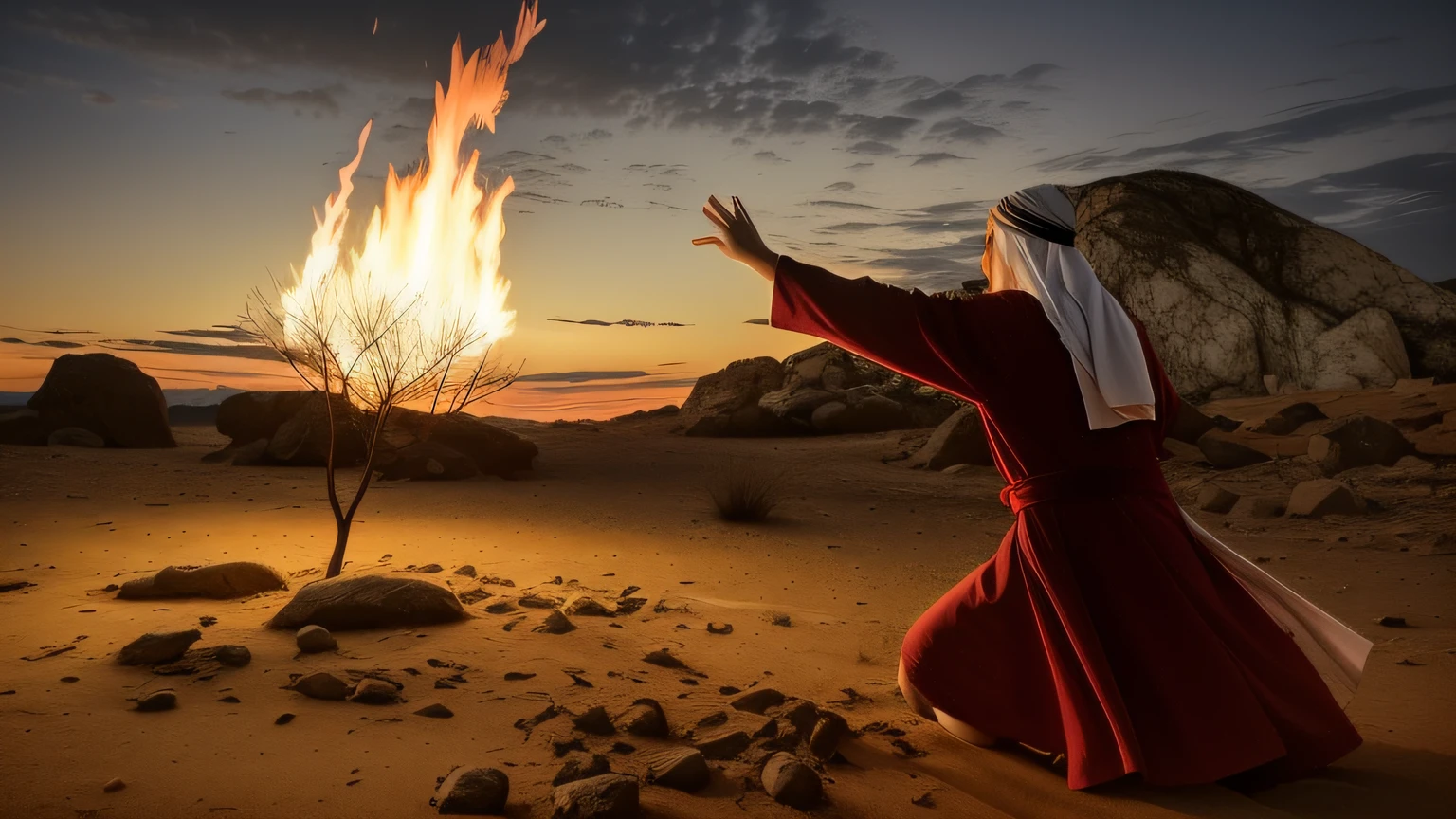 blurred image of a man in a red robe standing in a desert with a campfire, fire behind him, em frente ao deserto em chamas, moses, epic biblical representation, (fire), fim dos tempos, Standing on the fire, The background is on fire, Por Joseph Binder, ele tem olhos de fogo, cena em chamas ao fundo, not desert of burning soil