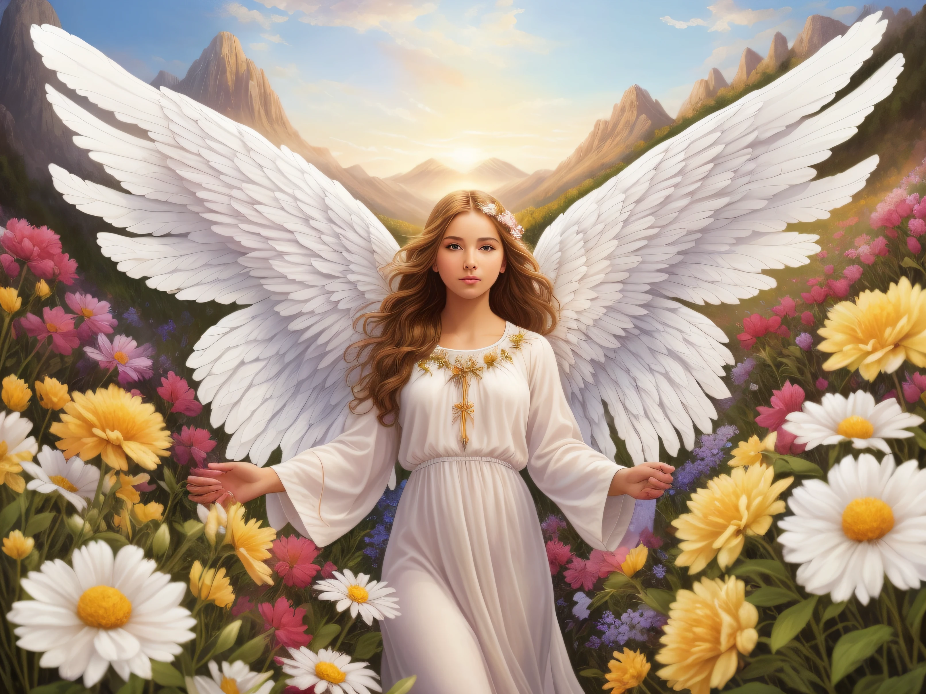 arafed angel in a field of flowers with a mountain in the background, beautiful angel, of beautiful angel, beautiful female angel, biblically acurate angel, of an beautiful angel girl, angelical, full - body majestic angel, an angel of the dawn light, big angel wings wide open, portrait of a beautiful angel, angelic, full of paintings of angels