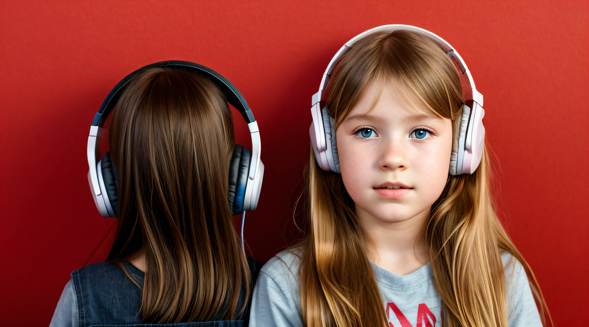 Menina de 10 anos, Russian  with long blond hair, e fone de ouvido na frente de um fundo vermelho, halo de fogo.
