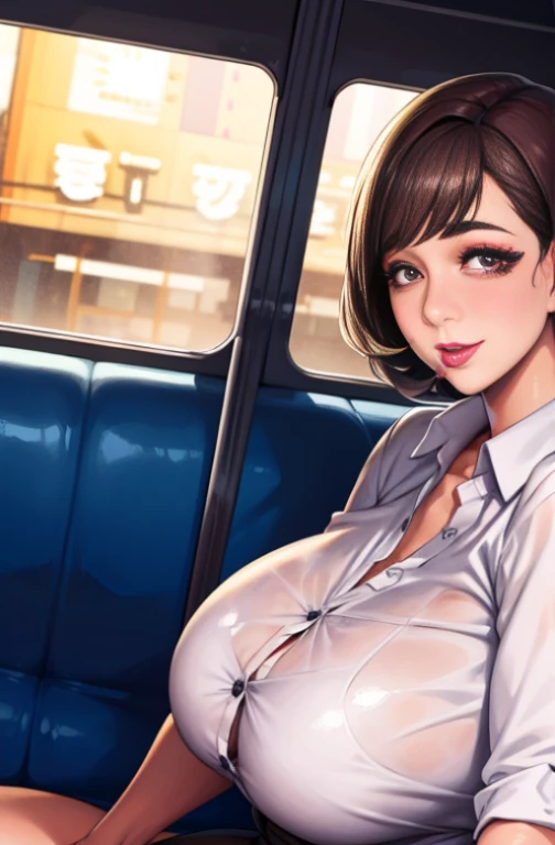 Lucy Piddle, Face portrait, ((The makeup is very thick)), ((Bright lipstick)), Smiling, ((cosmetics)), ((heavy  makeups)), Short hair details, Brown hair, sexy women, button- shirt , white  shirt, black dress pants, ((Very fat woman)), Lop, sitting on a bus，fully body photo