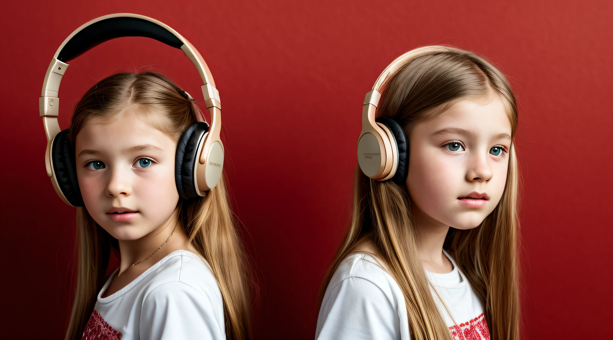 , Russian child with long blond hair, e fone de ouvido na frente de um fundo vermelho, halo de fogo.