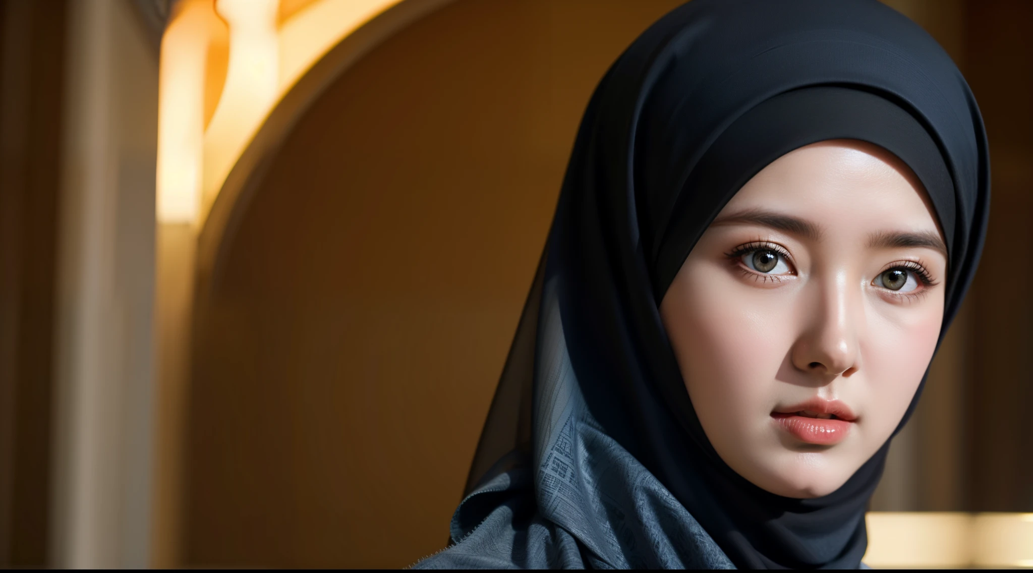 best quality, masterpiece, highres, (moslem female dress:1.4), necklace, Beautiful face, (upon body:1.37), tyndall effect, photorealistic, dark studio, rim lighting, two tone lighting, 8k uhd, dslr, soft lighting, high quality, volumetric lighting, candid, Photograph, high resolution, 4k, 8k, Bokeh, (hyperrealistic girl), (illustration), (high resolution), (extremely detailed), (best illustration), (beautiful detailed eyes), (best quality), (ultra-detailed), (masterpiece), (wallpaper), (photorealistic), (natural light), (rim lighting), (detailed face), (high detailed realistic skin texture), (anatomically correct), (solo), (1 girl), (heterochromic eyes), (detailed eyes), (sparkling eyes), (long legs), (dynamic pose), (concentrated expression), (wearing hijab:1.4), (moslem headscarf:1.37), reading glasses.