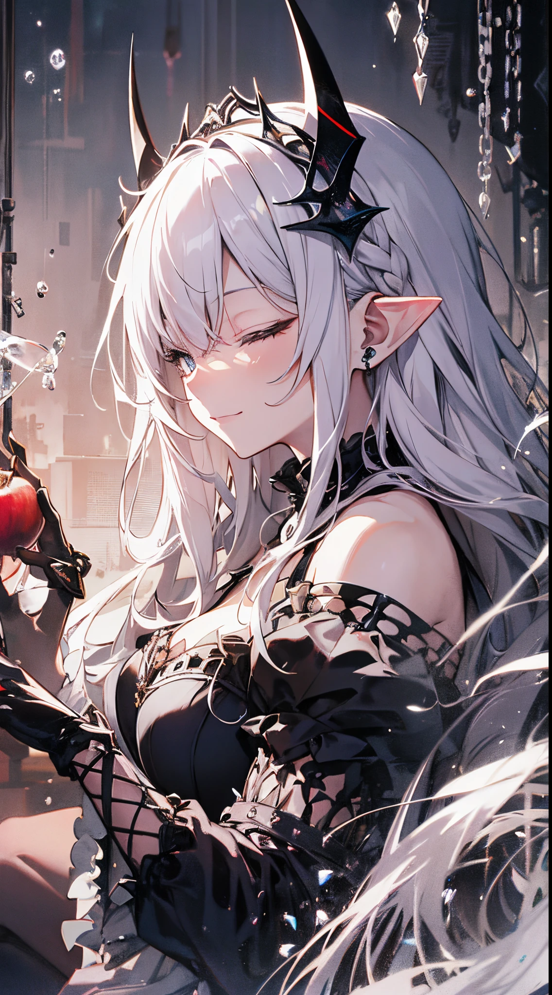((tmasterpiece:1.4,Best quality at best))+,(hyper-detailing)+,(Blindfold)+,(pointy ears:1.5),
(cute girls),15year old,(Cover your eyes with a black cloth:1.15),(Long pale pink hair,long braid,Bushy hair:1.5),(wariza:1.2),pale-skinned,Seductive smile,black crystal block,God of darkness'Fe,Red crystal on forehead,Dragon tail,black crown,White Bone Throne,Dead tree,With his eyes closed
(She was wearing a shabby pink dress,grey dress,bone pattern,:1.5),(black Bracelet:1.4)The sleeves are extra-long,black spiked headdress,dense fog,white colossus,Dream bubbles,black fingernails,red apple,Sitting on an old wooden chair,metal chains,Black silk gloves,Old
(Demon Maiden:1.1),
(dawn light:1.2),
(Thick black and white:1.16),(depth of fields:1.4),Complicated details,color mixing,Detailed route,Excellent,super detailing,The content is very detailed,(hight contrast:1.11),ventania,Amazing cleavage,beautidful eyes,messy hair,(best illuminate,Extremely Delicately Beautiful), ((movie light lighting)), (seen from the side:1.3),8K,tmasterpiece,Best quality at best,cinematic Film still from,1 plump girl,(Close-up cleavage:1.1),bright,Interesting,gentlesoftlighting,(bauhause,shape,line engineering,Abstract:1.1)offcial art, Unity 8k壁纸, ultra - detailed, Beautiful and beautiful, tmasterpiece, Best quality at best, (dynamic angle:1.4),PerfectNwsjMajic,(tmasterpiece,top-quality,Best quality at best,offcial art,Beauty and aesthetics:1.2),The content is very detailed,rich colourful,highest details,
