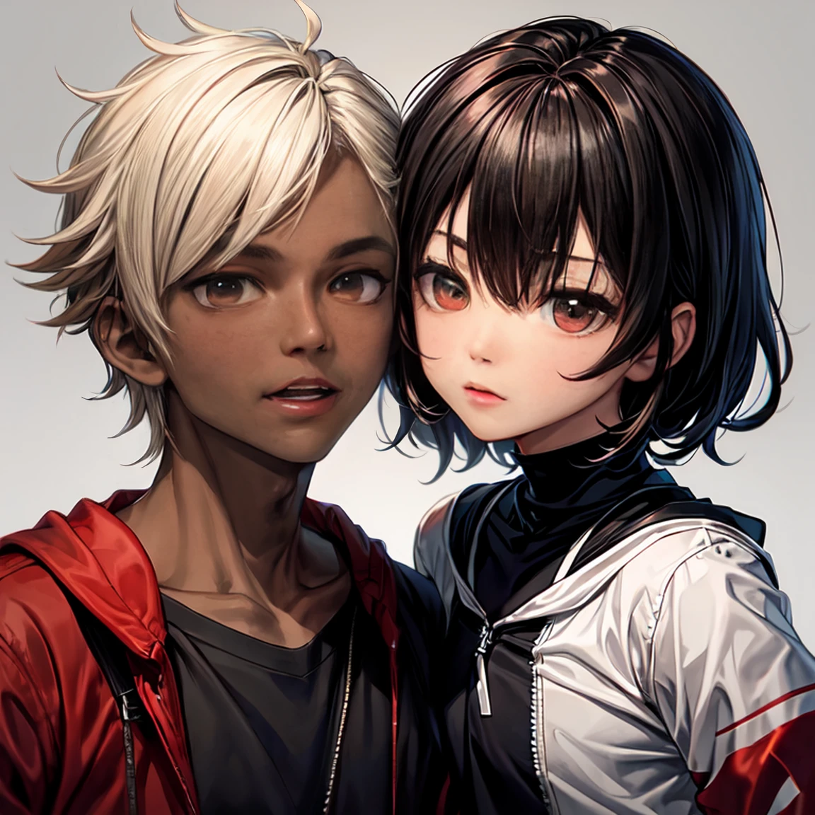 (anime),Dark-skinned boy, black shirt, (brown eyes),(Dark skin color), red shorts for dark tone, black gloves, (portrait),