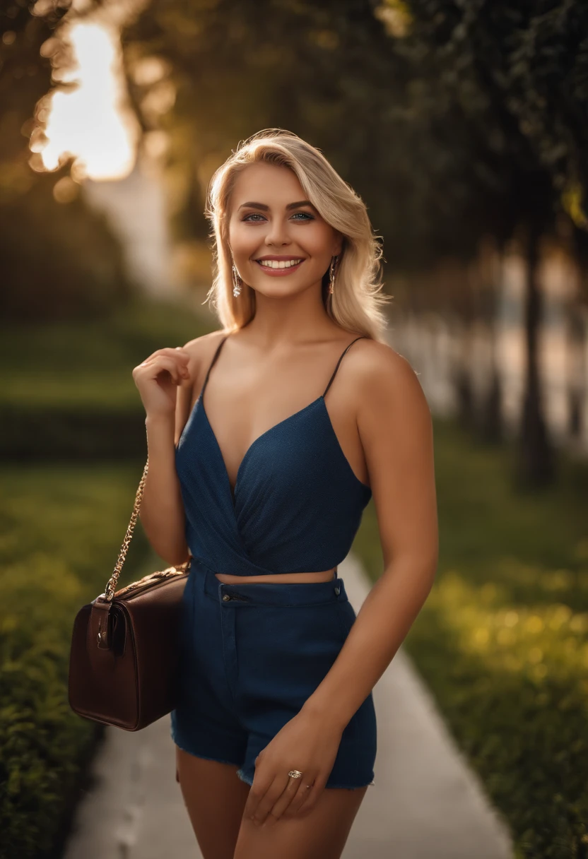 Hyper realistic and detailed full body photo of one young smiling blonde beautiful woman. standing infront of privat jeg in the sun, going to miami, purse in the hand,, amazing body, holding phone . Sun is shining. perfect eyes, (Eye makeup:1.1), (highly detailed skin:1.1), RAW, analog style, sharp focus, 8k UHD, DSLR, high quality, Fujifilm XT3, grain, award winning, masterpiece.