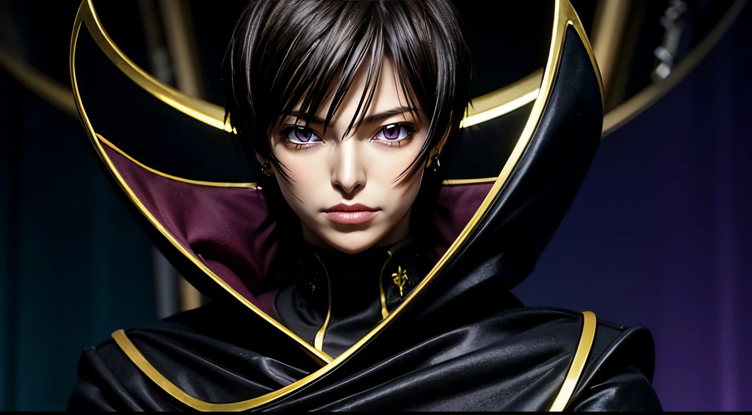 British, cosmieyes, in a dark forest with trees in the background sitting on a red couch,purple light shining, black and yellow outfit,black cape,cape, chain-link_fence, coat,gloves, lelouch_lamperouge,jewelry,gem, black_hair,purple_eyes,earrings,short hair, purple light in their eyes, upper body, detailed face, detailed eyes,