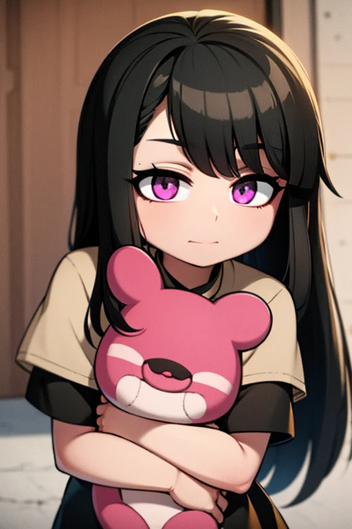 A black haired woman with brown eyes is hugging a pink haired woman with violet eyes