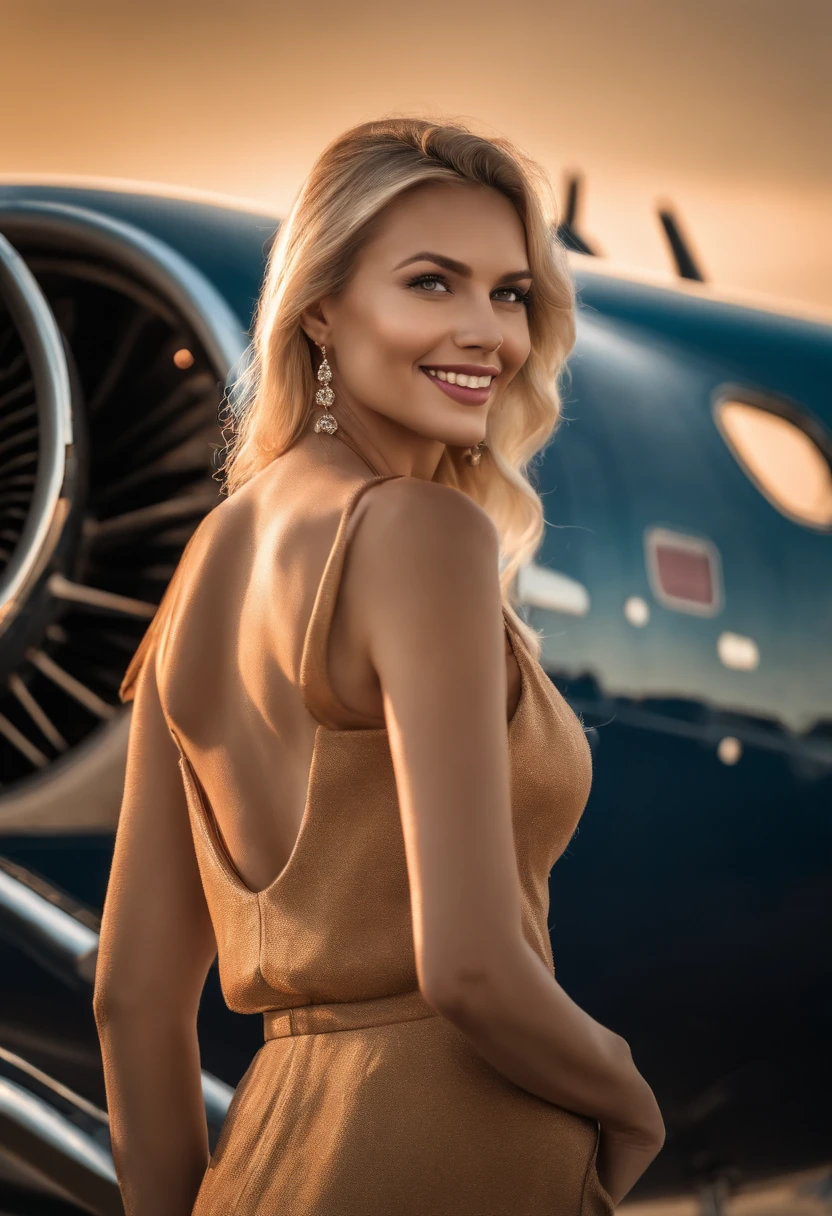 Hyper realistic and detailed full body photo of one young smiling blonde beautiful woman. standing infront of privat jet in the sun, amazing plane,, going to miami, purse in the hand,, amazing body, holding phone . Sun is shining. perfect eyes, (Eye makeup:1.1), (highly detailed skin:1.1), RAW, analog style, sharp focus, 8k UHD, DSLR, high quality, Fujifilm XT3, grain, award winning, masterpiece.