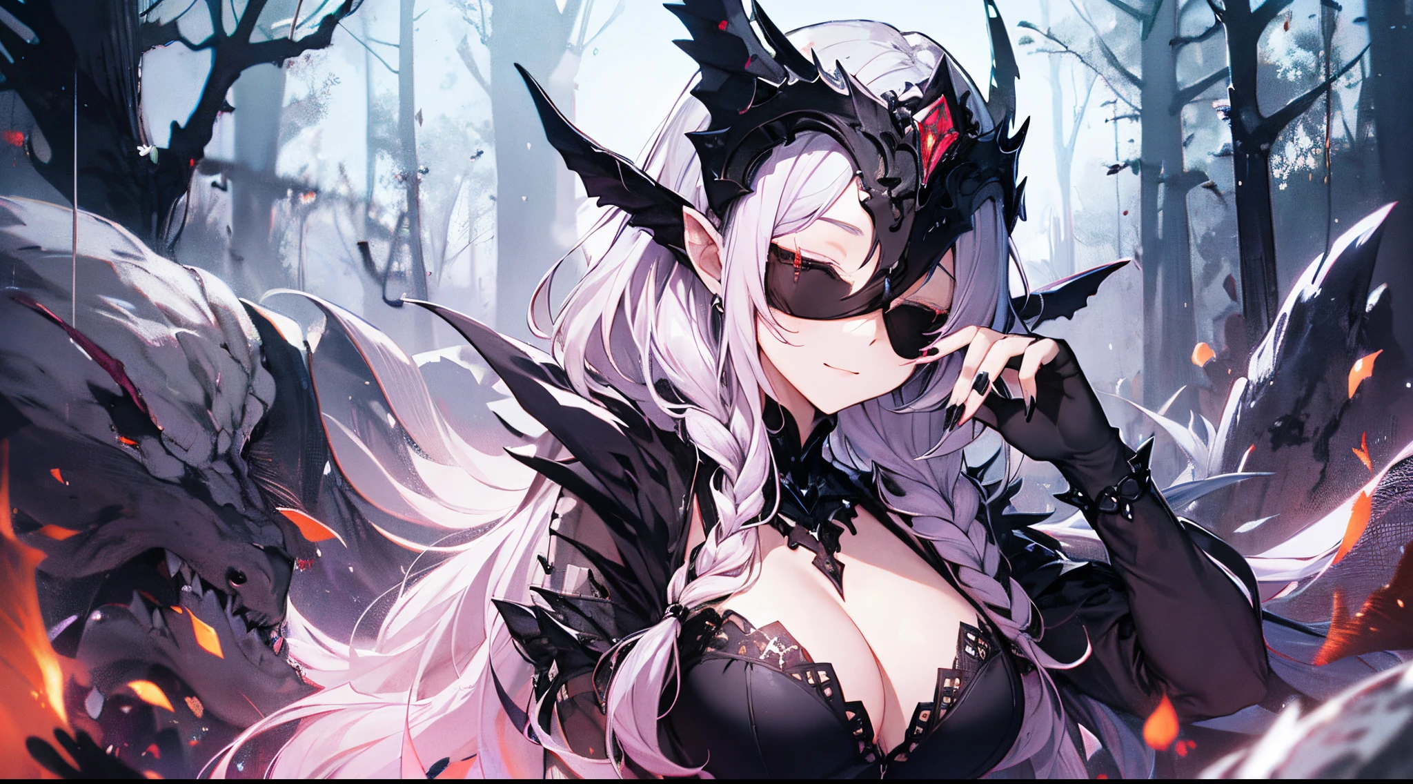((tmasterpiece:1.4,Best quality))+,(hyper-detailing)+,(Blindfold)+,(pointy ears:1.5),
(cute girls),15year old,(Cover your eyes with a black cloth:1.15),(Long pale pink hair,long braid,Bushy hair:1.5),(wariza:1.2),pale-skinned,seduct smile,black crystal block,God of darkness'Fe,Red crystal on forehead,Dragon tail,black crown,White Bone Throne,Dead tree,With his eyes closed
(She was wearing a shabby pink dress,grey dress,bone pattern,:1.5),(black Bracelet:1.4)The sleeves are extra-long,black spiked headdress,dense fog,white colossus,Dream bubbles,black fingernails,red apple,Sitting on an old wooden chair,metal chains,Black silk gloves,Old
(Demon Maiden:1.1),
(dawn light:1.2),
(Thick black and white:1.16),(depth of fields:1.4),Complicated details,color mixing,Detailed route,Excellent,super detailing,The content is very detailed,(hight contrast:1.11),ventania,Amazing cleavage,beautidful eyes,messy hair,(best illuminate,Extremely Delicately Beautiful), ((movie light lighting)), (seen from the side:1.3),8K,tmasterpiece,Best quality,cinematic Film still from,1 plump girl,(Close-up cleavage:1.1),bright,Interesting,gentlesoftlighting,(bauhause,shape,line engineering,Abstract:1.1)offcial art, Unity 8k壁纸, ultra - detailed, Beautiful and beautiful, tmasterpiece, Best quality, (dynamic angle:1.4),Perfect NwsjMajic,(tmasterpiece,top-quality,Best quality,offcial art,Beauty and aesthetics:1.2),The content is very detailed,rich colourful,highest details,