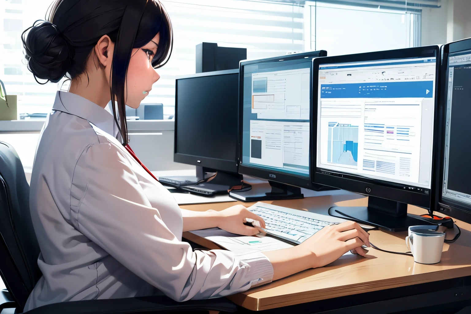 Office lady working on a computer at her office desk、1girl in,  serious profile