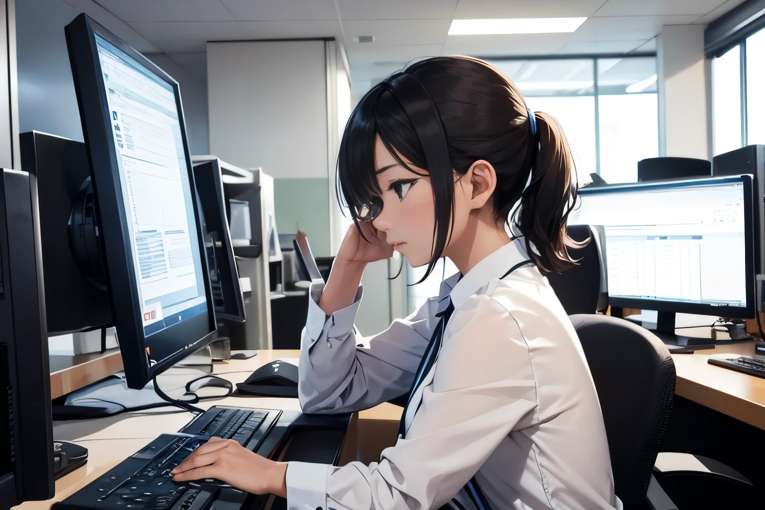 Office lady working on a computer at her office desk、1girl in,  serious profile