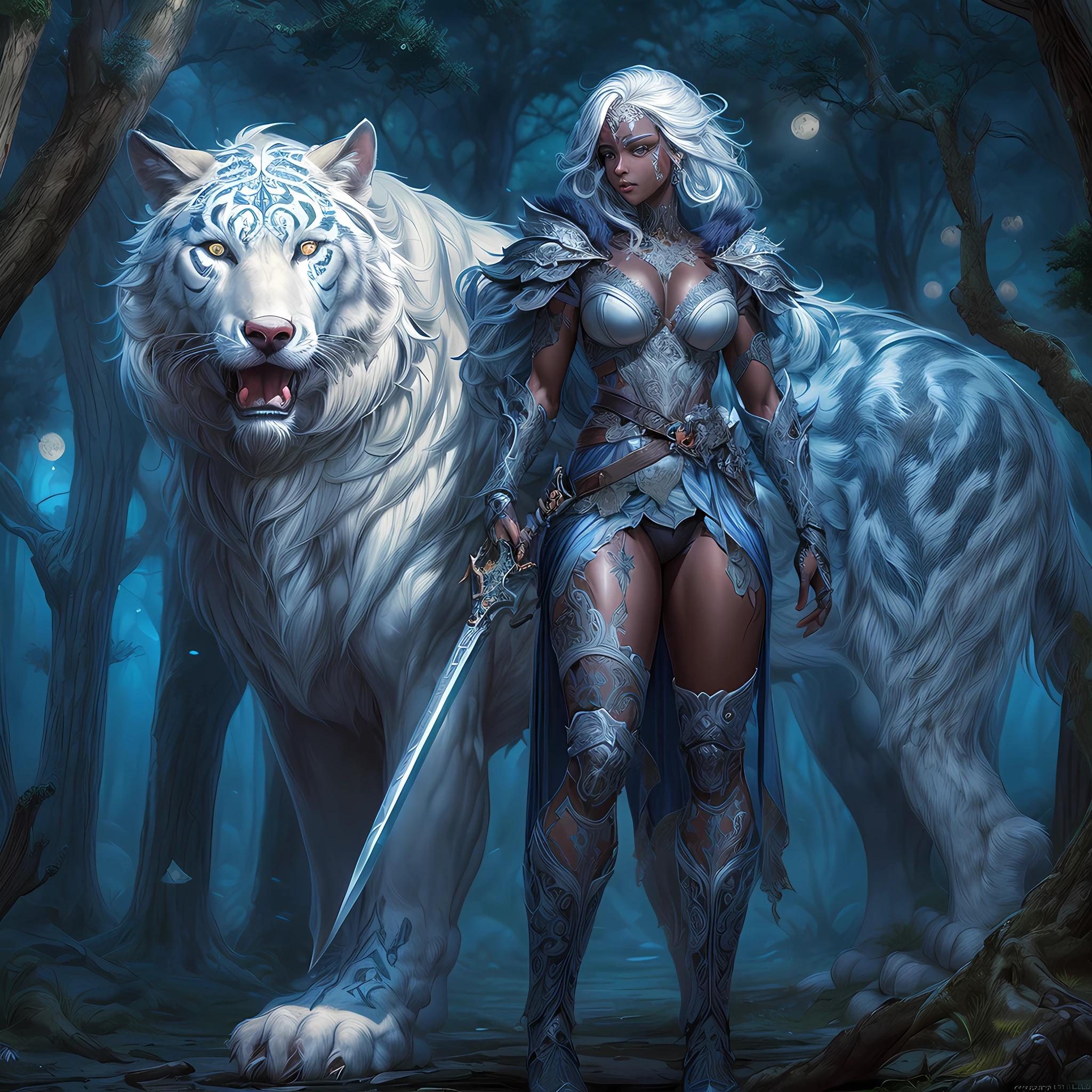 high details, best quality, 16k, [Ultra detailed], masterpiece, best quality, (extremely detailed), dynamic angle, ultra wide shot, RAW, photorealistic, fantasy art, RPG art, realistic art, a wide angle picture of an epic female drow ranger and her pet white wolf,  warrior of nature, fighter of nature, full body, [[anatomically correct]] full body (intricate details, Masterpiece, best quality: 1.5) talking to am epic white tiger (intricate details, Masterpiece, best quality: 1.6) armed with an epic magical sword  (intricate details, Masterpiece, best quality: 1.5) epic magical sword, glowing in blue light , in dark forest ( intricate details, Masterpiece, best quality: 1.4), a female beautiful epic drow wearing leather armor (intricate details, Masterpiece, best quality: 1.5), leather boots, thick hair, long hair, white hair, black skin intense eyes, forest  background (intense details), moon light, stars light, clouds (intricate details, Masterpiece, best quality: 1.5), dynamic angle, (intricate details, Masterpiece, best quality: 1.3), high details, best quality, highres, ultra wide angle