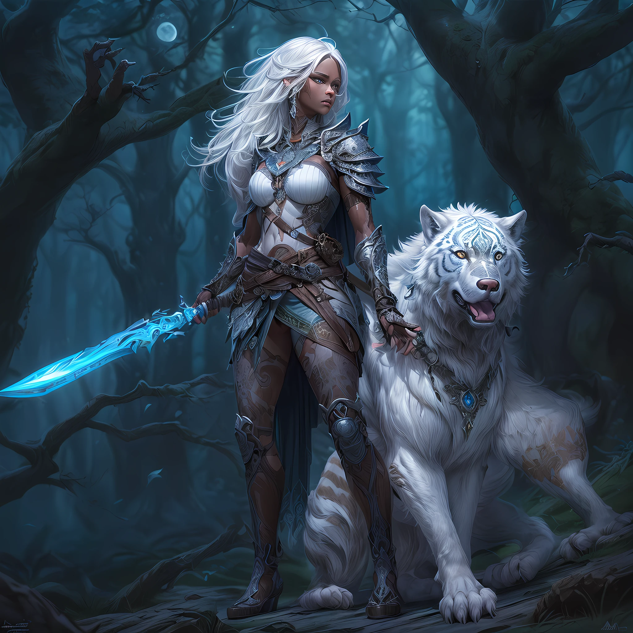 high details, best quality, 8k, [ultra detailed], masterpiece, best quality, (extremely detailed), dynamic angle, ultra wide shot, RAW, photorealistic, fantasy art, dnd art, rpg art, realistic art, a wide angle picture of an epic female drow ranger and her pet wolf,  warrior of nature, fighter of nature, full body, [[anatomically correct]] full body (1.5 intricate details, Masterpiece, best quality) talking to am epic wolf (1.6 intricate details, Masterpiece, best quality) armed with an [epic magical sword]  (1.5 intricate details, Masterpiece, best quality) epic magical sword, glowing in blue light. in dark forest (1.5 intricate details, Masterpiece, best quality), a female beautiful epic drow wearing leather armor (1.4 intricate details, Masterpiece, best quality), leather boots, thick hair, long hair, white hair, black skin intense eyes, forest  background (intense details), moon light, stars light, clouds (1.4 intricate details, Masterpiece, best quality), dynamic angle, (1.4 intricate details, Masterpiece, best quality) 3D rendering, high details, best quality, highres, ultra wide angle