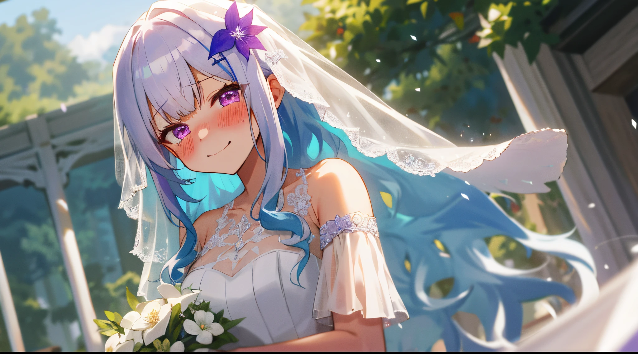 One girl with long wavy hair, bangs, white hair, blue inner hair, purple eyes, looking at viewer, blushing, embarrassed, little smile, tears, wedding venue, outdoor, flower, wedding dress, bridal veil, upper body, day atmosphere, hair ornament