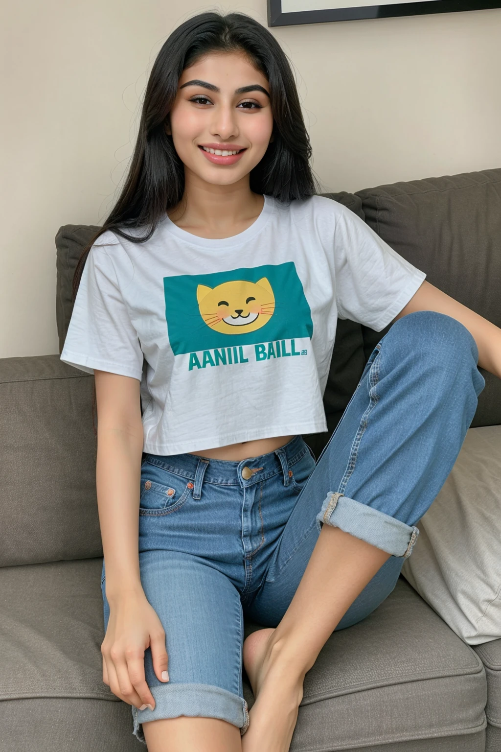 girl named mouni roy, wearing tshirt and jeans, closeup full body photo, smiling, side sitting on sofa, barefoot, feet, body