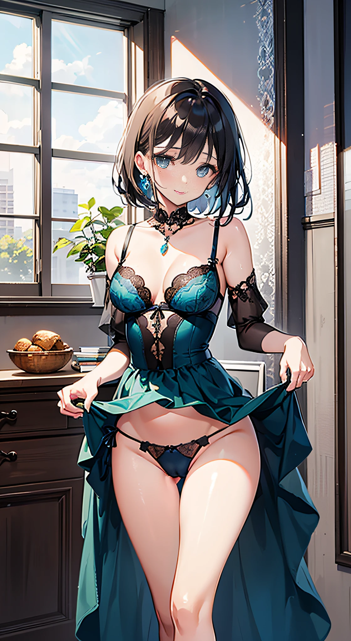 Skirt lift, panties with side ties, Pleasure, A look of anticipation, Turquoise lingerie, Camel toe, Silk Satin, Dress, masutepiece, of the highest quality, High quality, Best Quality, super detailing