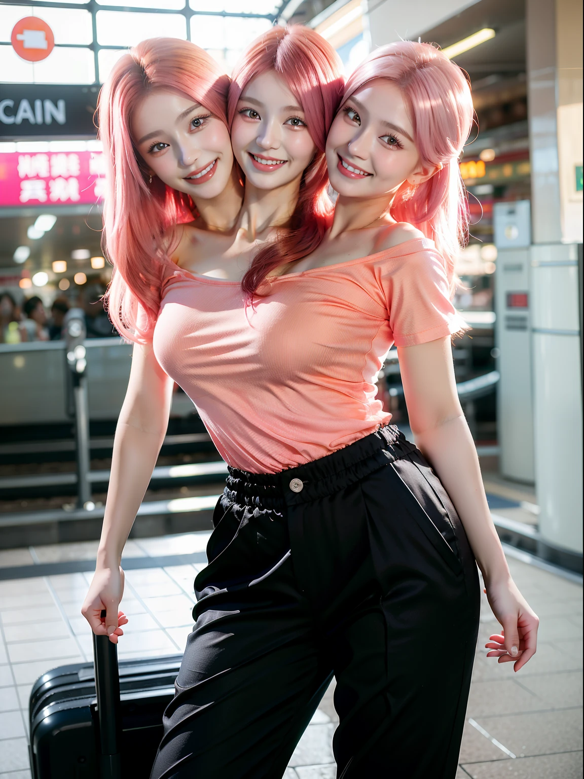 (masterpiece, best quality), best resolution, (2heads:1.5), 1girl, blushing, nervous, smiling, talking, open mouth, pink hair, orange eyes, dark red t-shirt, black long pants, hands clasped at waist, train station