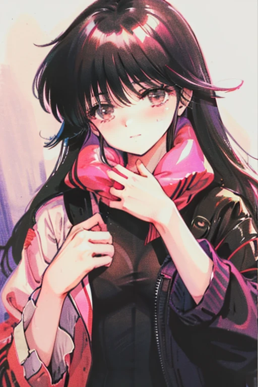 A black haired woman with brown eyes is hugging a pink haired woman with violet eyes