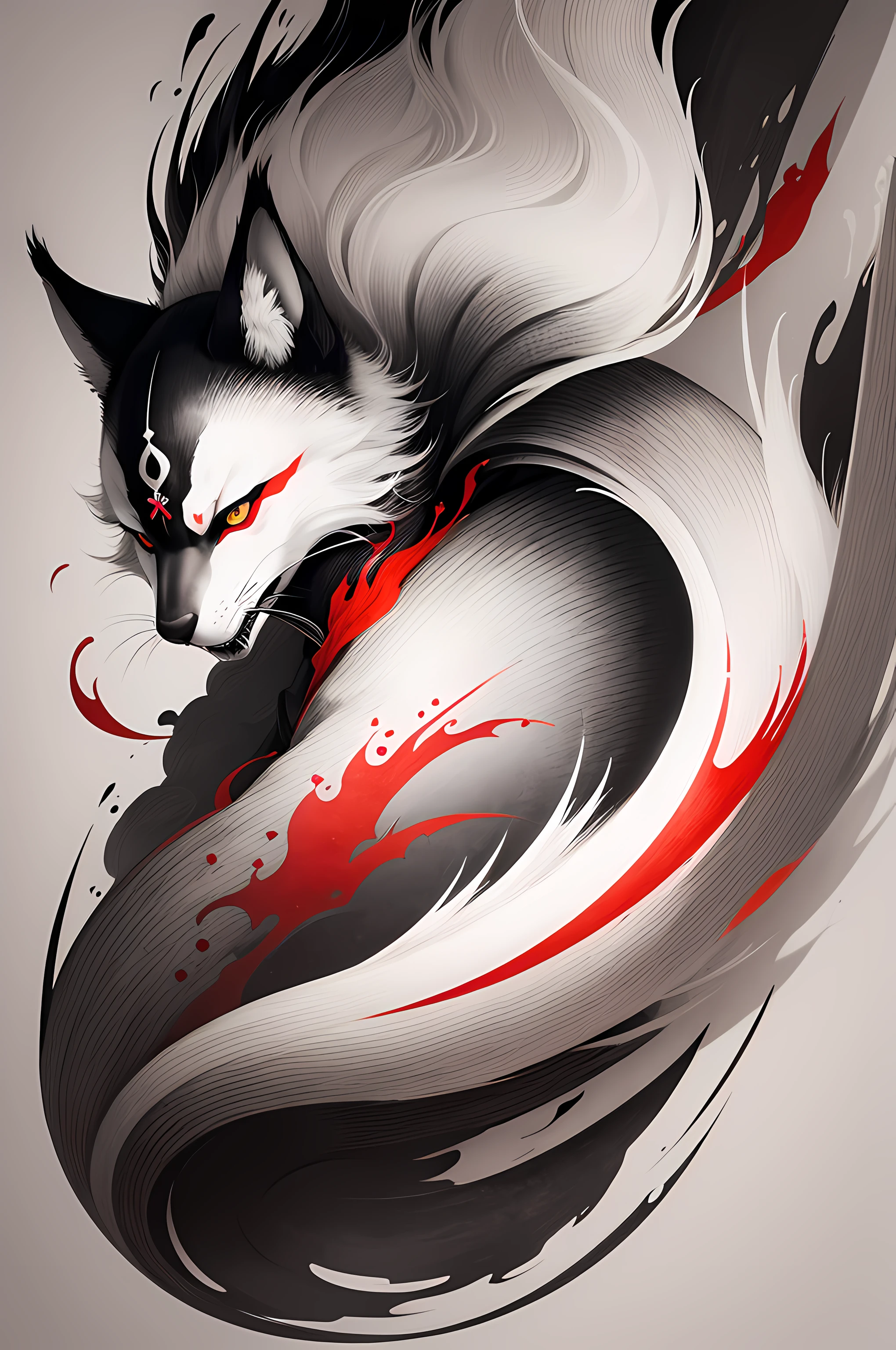 samurai kitsune, field, wind lines, Katana in hand, Japanese style ink drawing, Sumi-e, black and white, Red accents