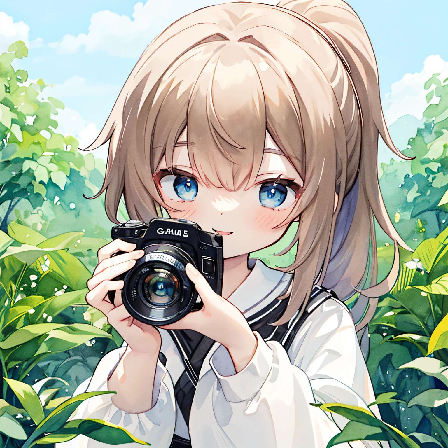 Transparent watercolor,girl with,Jewel Eyes,Beautiful arrangements and motifs、Originality、GAMECHARACTER DESIGN、depth of fields , Fantastic, Beauty、Transparency、GAMECHARACTER DESIGN、One Girl、The upper part of the body、Have a camera、Lots of photos、Photos are scattered、The best smile、Hold the camera up、Hold the camera with both hands、brown haired、blue eyess、Girl looking through the lens with a ponytail