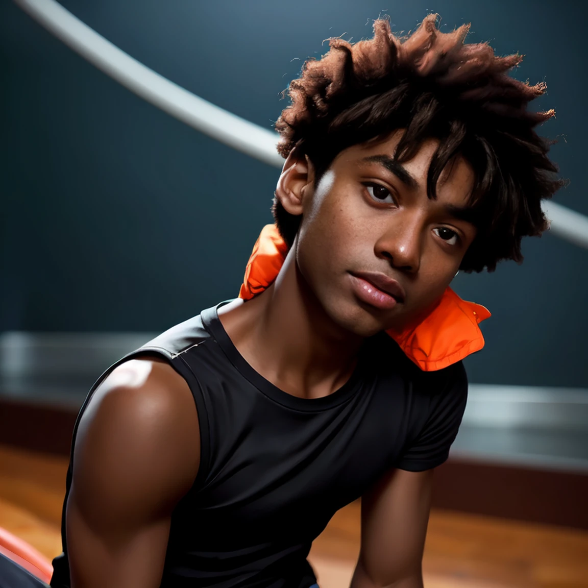 (anime),Dark-skinned boy, black shirt, (brown eyes),(Dark skin color), red shorts for dark tone, black gloves, (portrait),(1Full body image)