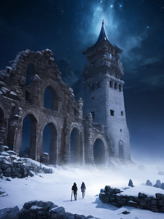 Digital illustration, Detailed and intricate, The panoramic landscape view, Gigantic ancient frozen gothic tower ruins in the plateau, Night sky and chilly, Rocky and snowy and foggy, Pilgrims and adventurers, In the style of Yoshitaka Amano and Hayao Miyazaki, Masterpiece, Proportional, Detailed, Beautiful lighting, Realistic, Intricate, 4k highest quality, 4K digital painting in the style of Yoshitaka Amano, Beautiful lighting and cinematic composition