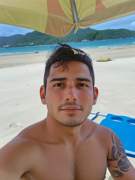 there is a man sitting under an umbrella on the beach, Homem de 30 anos, Homens de 30 anos, caio santos, em uma praia tropical, (38 anos), posando em uma praia com o oceano, david rios ferreira, Carmelo Blandino, victor maristane, imagem de perfil, na praia, cerca de 3 5 anos