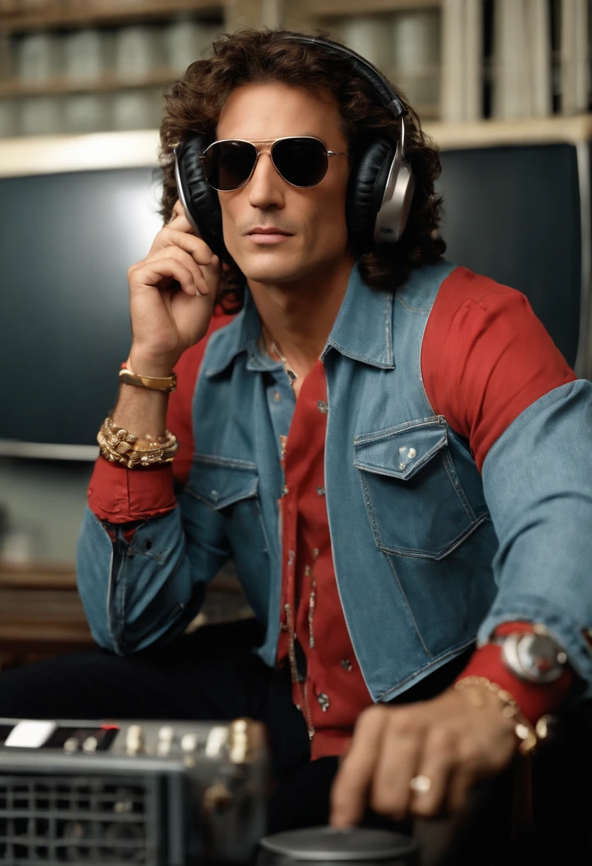 The image is of the character dressed up as a 90s shock jock, sitting behind a radio microphone with headphones on, engaging in a lively and controversial on-air conversation.,original,Howard in the 1990s, the renowned radio personality, was known for his distinctive, long curly hair that fell past his shoulders, often paired with dark sunglasses, projecting a rock star-like image. His tall, slender frame was typically clad in casual, yet stylish attire, reflecting his nonconformist attitude and presence in the entertainment world. , male