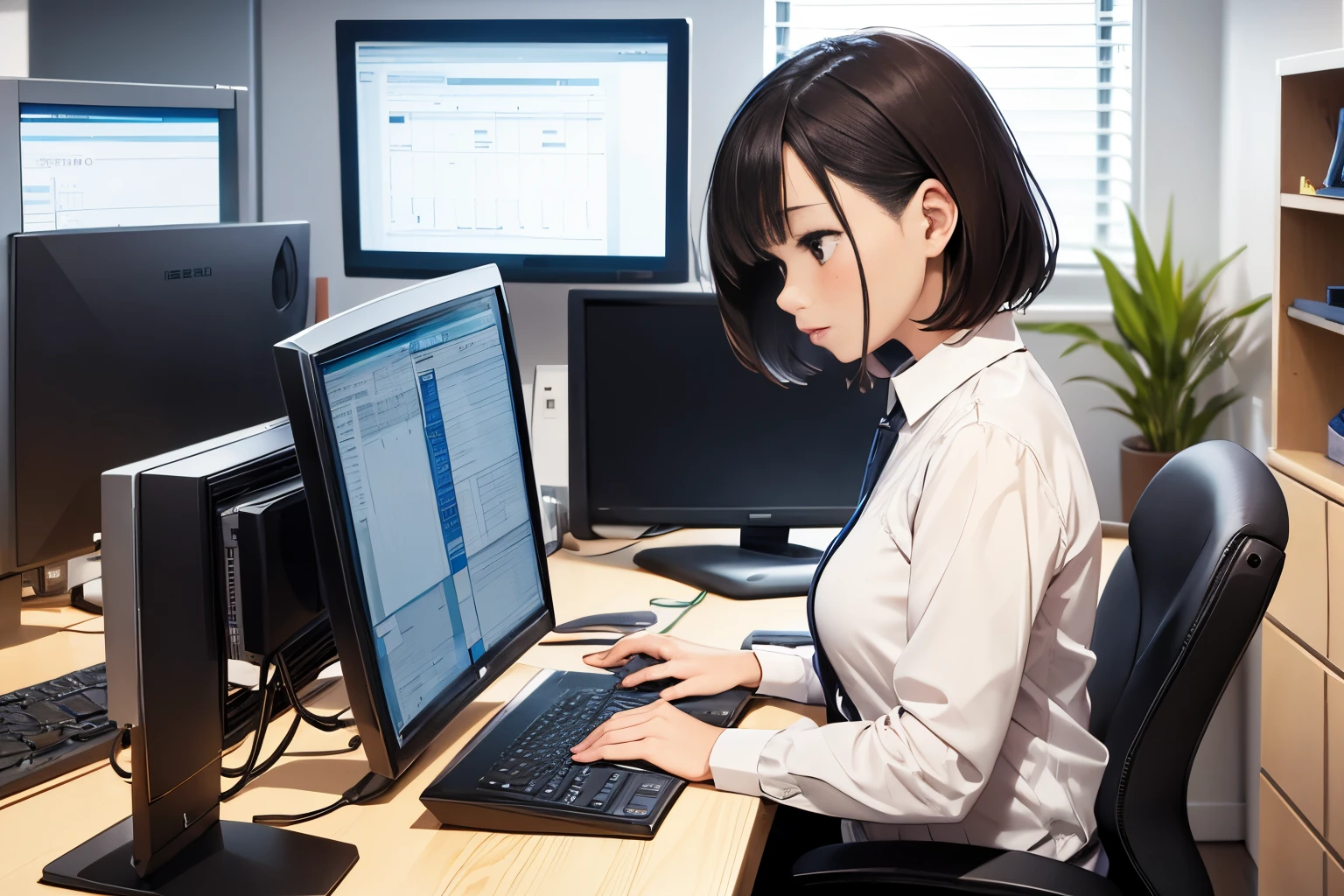 Office lady working on a computer at her office desk、1girl in,  serious profile