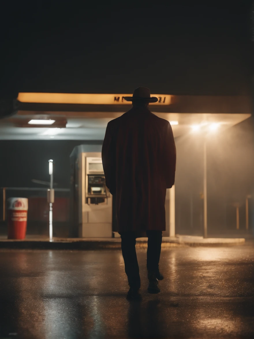 (8k, RAW photos, highest quality, masterpiece: 1.7), (Realistic, Photorealistic: 1.25), Gloomy night, dressed up as a clown serial killer, Heavy downpours poured down, The protagonist walks towards the gas station, back to camera, Blurred vision, Completely realistic, Full high resolution, Well made, detail-rich