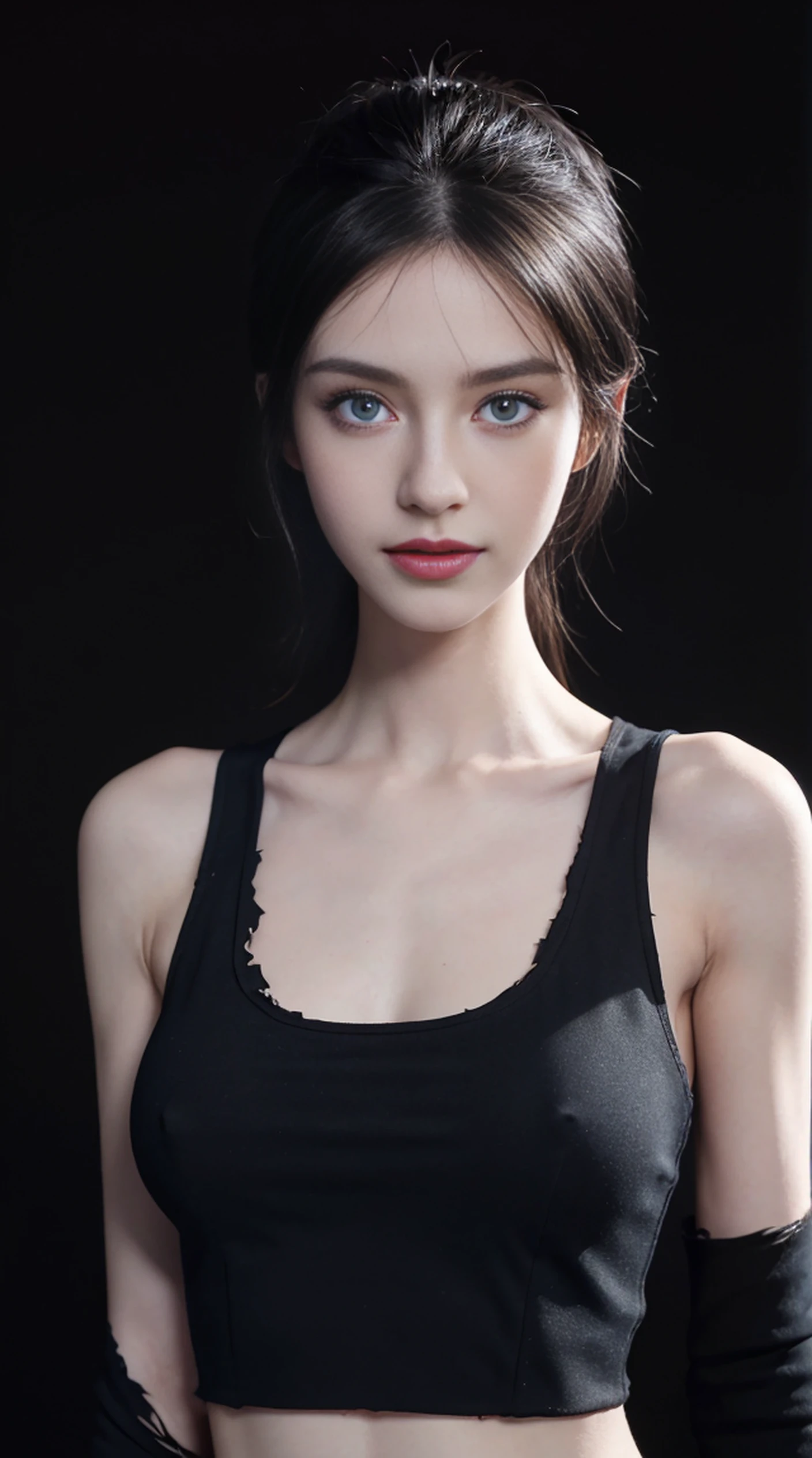 8K, Top Quality, Intricate Details, Ultra Detail, Ultra High Resolution, Masterpiece, full body, Slender, Smile, (Makeup: 0.4), (Fluffy Blue Eyes: 1.21), blue Eyes, looking at viewer, ((full body)), 1girl, solo, 1 girl, (( full body)), , , ((tall)), (((fit body))), (((slim face))), sharp face, sharp eyes, (((black hair, )) , (detailed face), sharp face, small lips,,
(( )), (( torn crop top)), detailed face, detailed breast, , large breast, detail ass, , Beautiful girl with accentuated slender abs: 1.4, Six Pack Abs: 1.4, Bust Botox, Big, Perfect Body, detail leg, (( dark background)), black background,