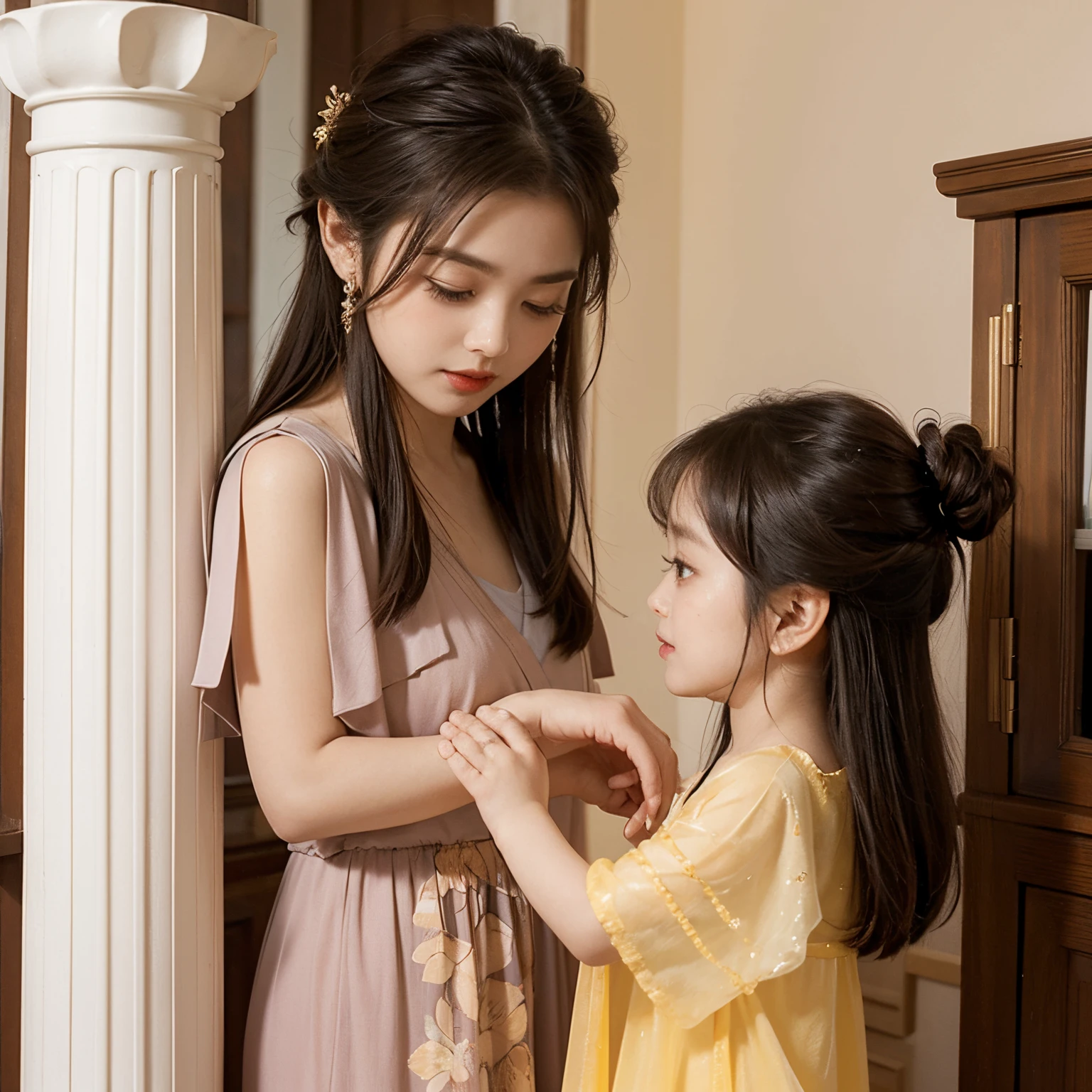 Q version image，On the pillars of the house，Mother measures daughter&#39;s height，Warm，a warm color palette，