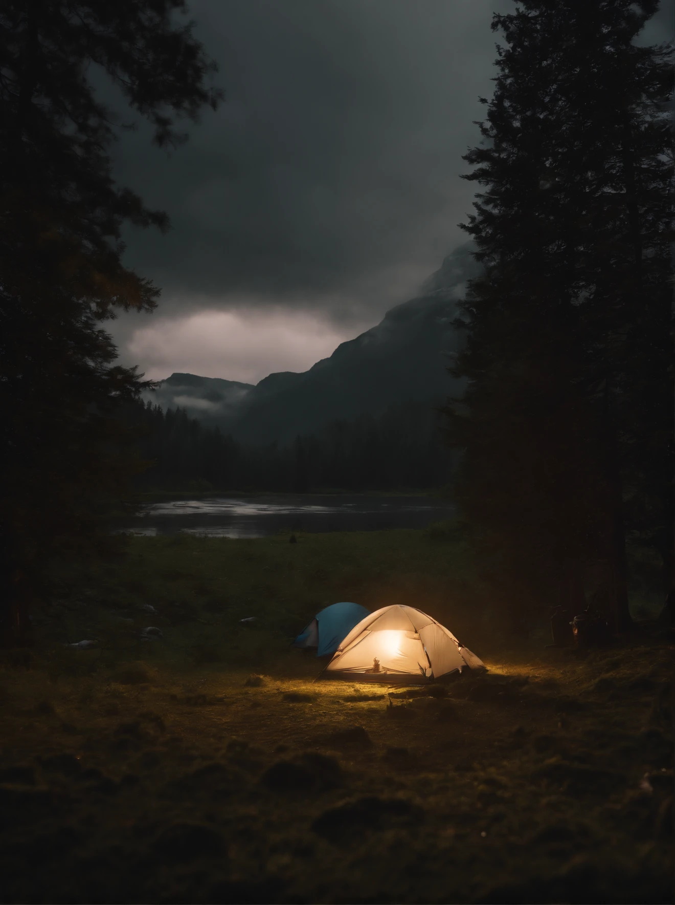 (8k, RAW photos, highest quality, masterpiece: 1.7), (Realistic, Photorealistic: 1.25), Camping in places with rivers and mountains on rainy days