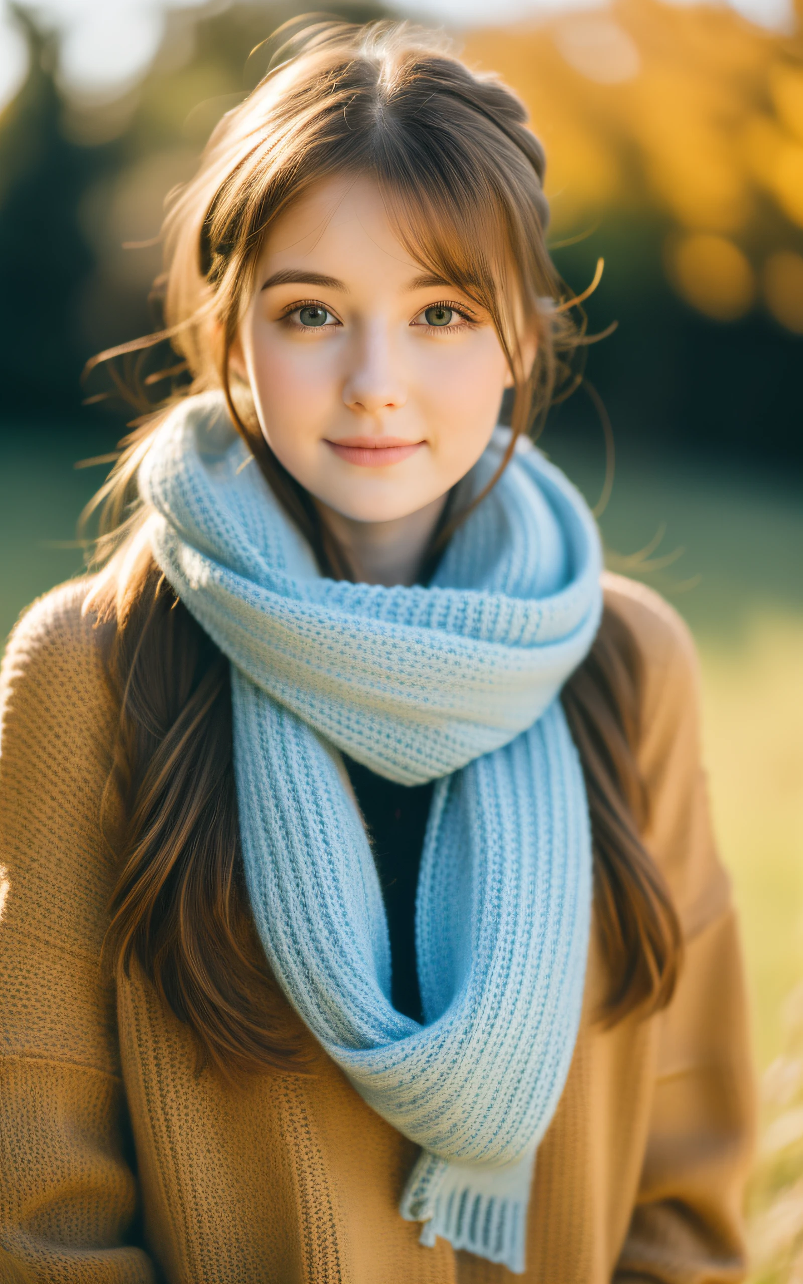 masutepiece, Best Quality, 8K, 1 girl, In summer, countryside, stream, out of focus, 18 yo, medium breasts, Mouth slightly open, cute little, Solo, sad, Knitted scarves, Mittens in hand, warm clothes, Cute, Girly, Delicate girl, Neat and clean beauty, Raw photo, Professional Photography, Portrait, Soft light, Professional Lighting, Back lighting, Upper body, see the beholder, Sophisticated, Film grain, (Eyes and faces with detailed:1.0), Medium hair swaying in the wind, beautiful flowing brown hair,