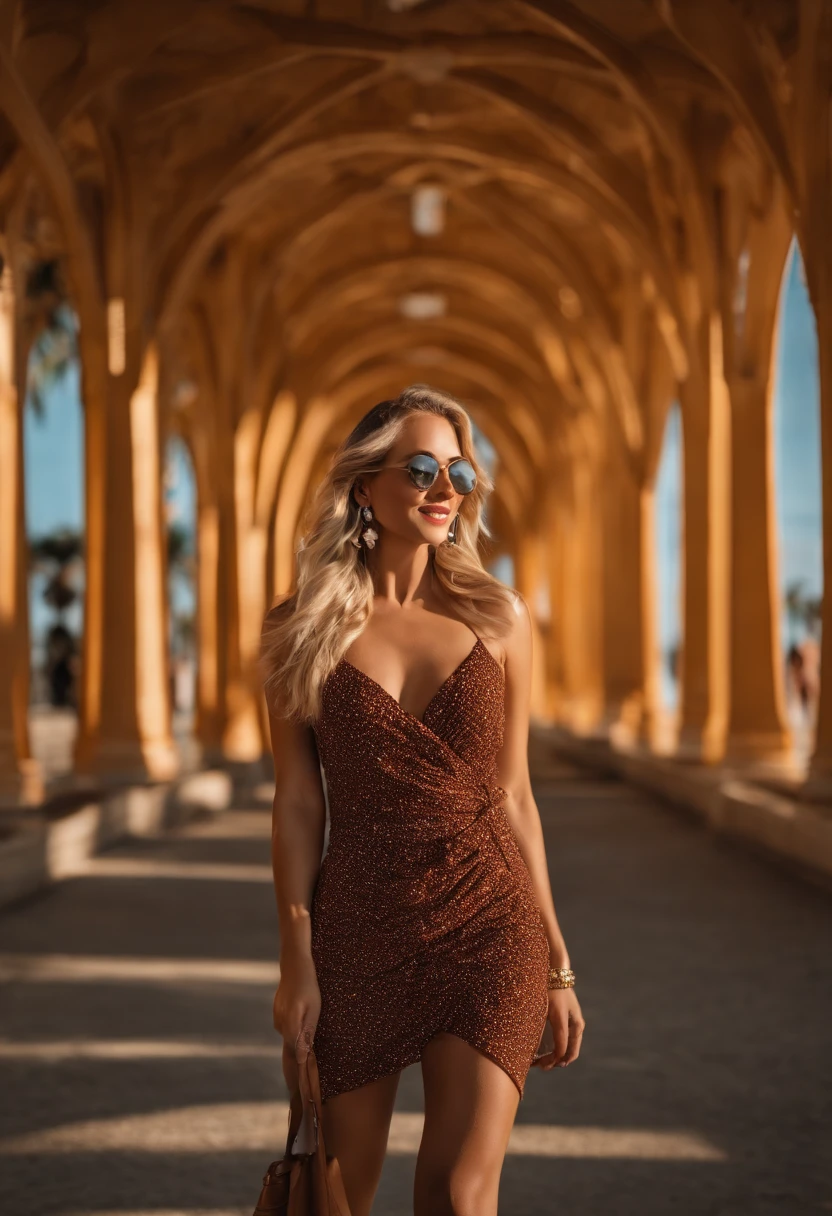 Hyper realistic and detailed full body photo of one young smiling blonde beautiful woman. standing at the globae consert arena, in the sun, amazing vibes ,, going to miami, purse in the hand,, amazing body, holding phone . Sun is shining. perfect eyes, (Eye makeup:1.1), (highly detailed skin:1.1), RAW, analog style, sharp focus, 8k UHD, DSLR, high quality, Fujifilm XT3, grain, award winning, masterpiece.