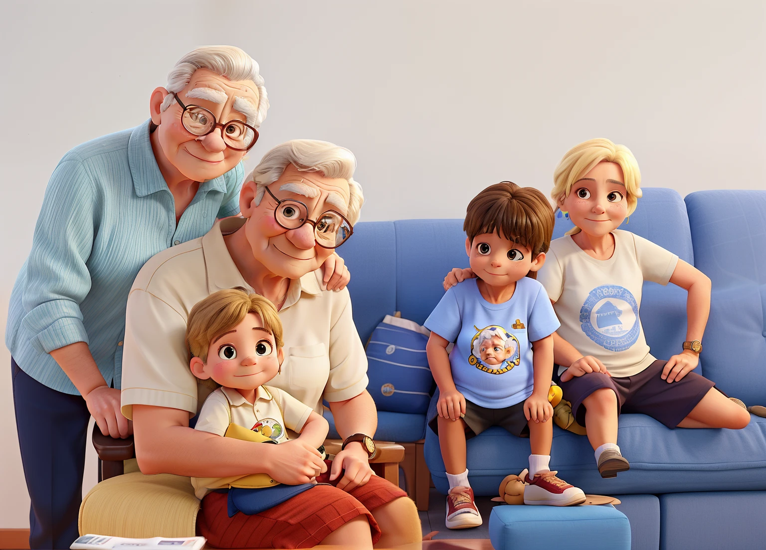 uma mulher mais idosa em pe, an elderly man sitting with a on his lap and two other children on the sofa, one of whom is blonde