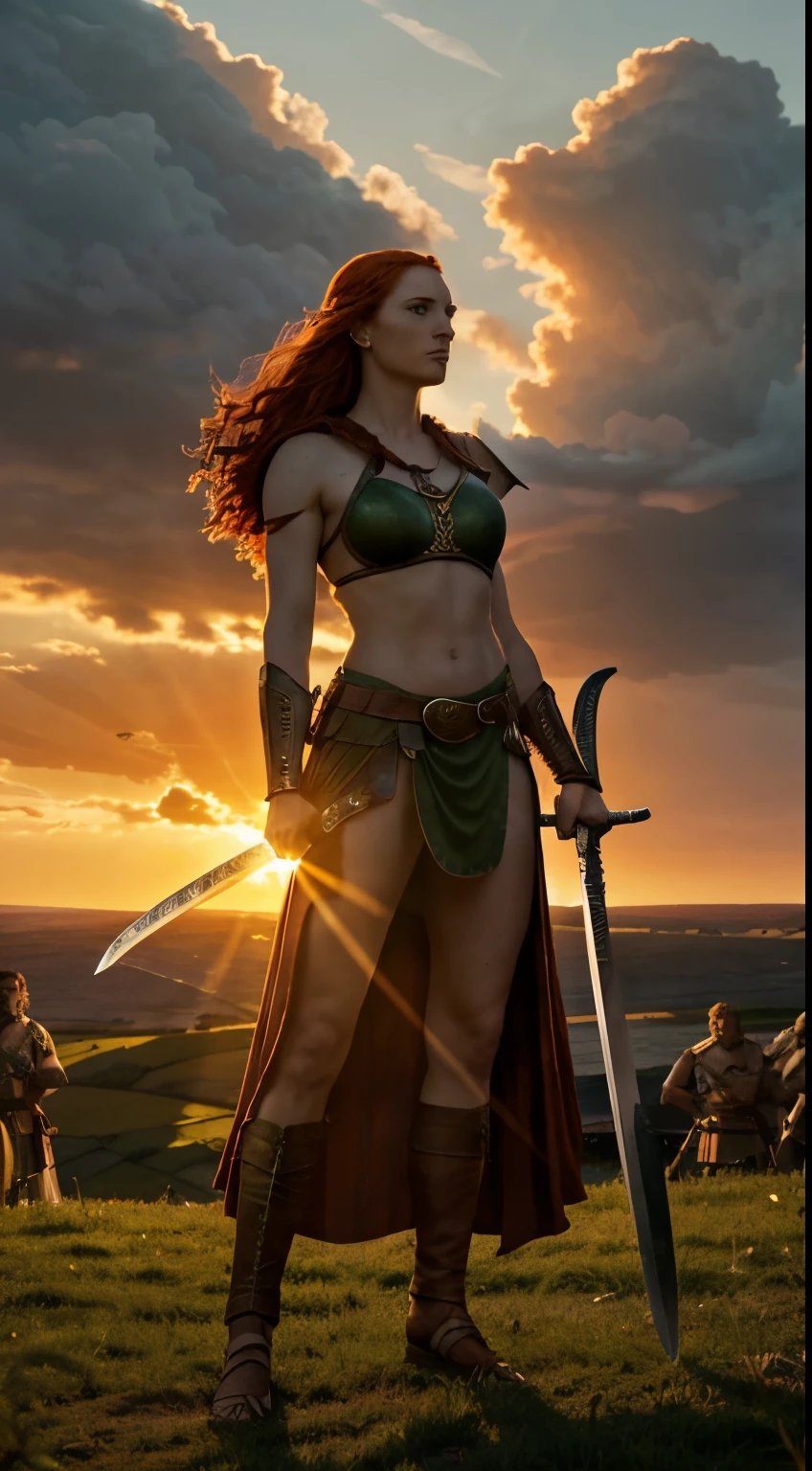 Picture a breathtaking scene at dusk, with the fiery-haired Boudicca standing tall amidst a lush green battlefield. The setting sun casts a warm glow on her determined expression as she holds a sword in one hand, ready to lead her rebellion against the mighty Roman Empire. In the background, a sea of Celtic warriors stand united, ready to fight for their freedom.