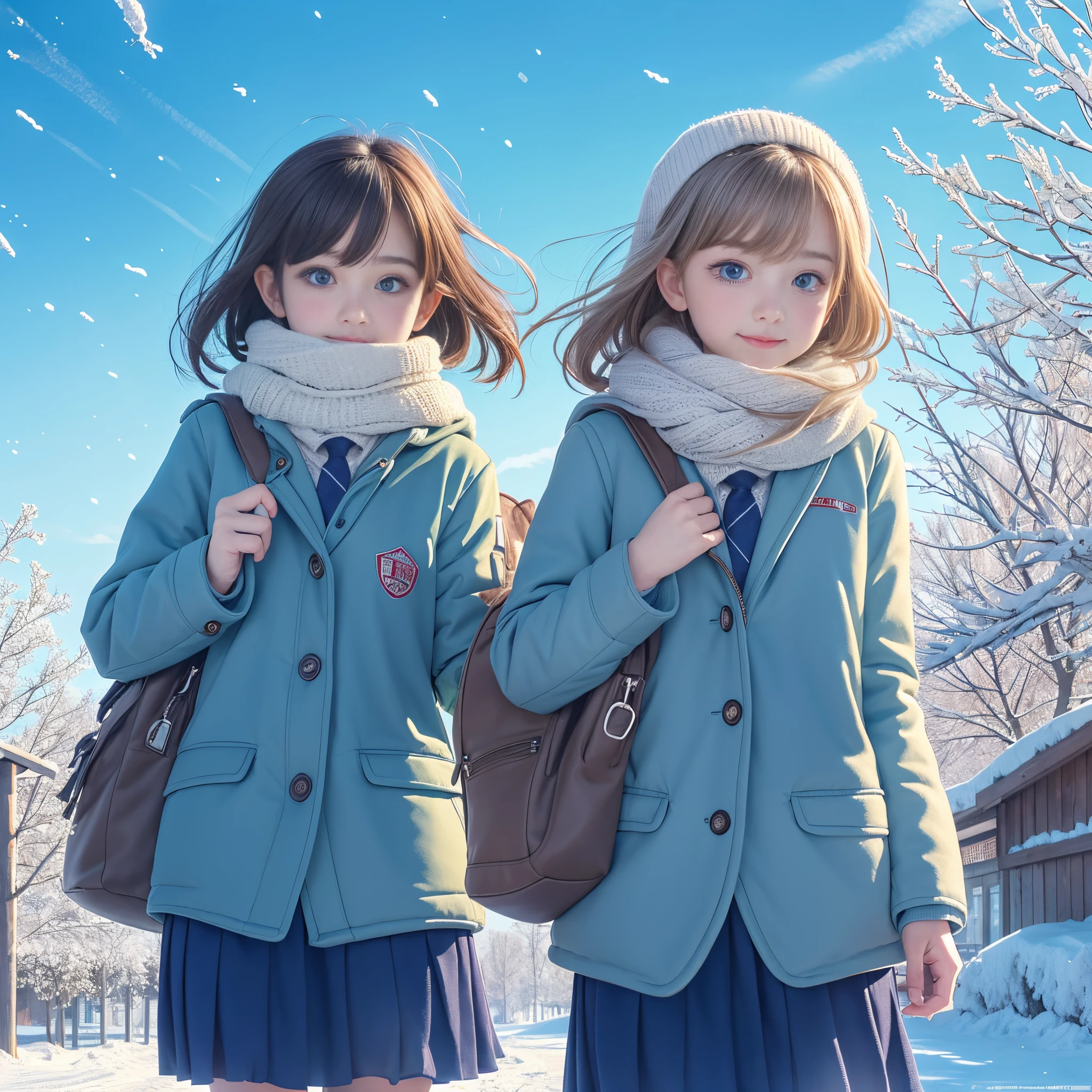 (Raw photo:1.2), (Photorealistic), Beautiful detailed girl, Very detailed eyes and face, Beautiful detailed eyes, Huge file size, High resolution, Very detailed, Best Quality, [masutepiece:1.6], Illustration, Very detailed, Fine detail, Best Quality, 8K Wallpaper, Movie Lighting,Two 15-year-old female students go to school, Winter scenery, walk while looking cold, winter blue sky, Young face, winter tree covered with snow, Powder snow, Winter scenery