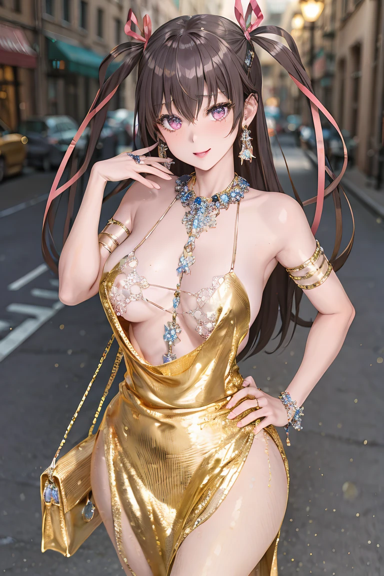 masterpiece, best quality, highres, mizuki yukikaze, hair ribbon, samll , cleavage, dress, bra, jewelry, golden dress,  shoulders, earrings, armlet, bracelet, high heels, handbag, luxury, celebrity, cowboy shot, hand on hip, street,