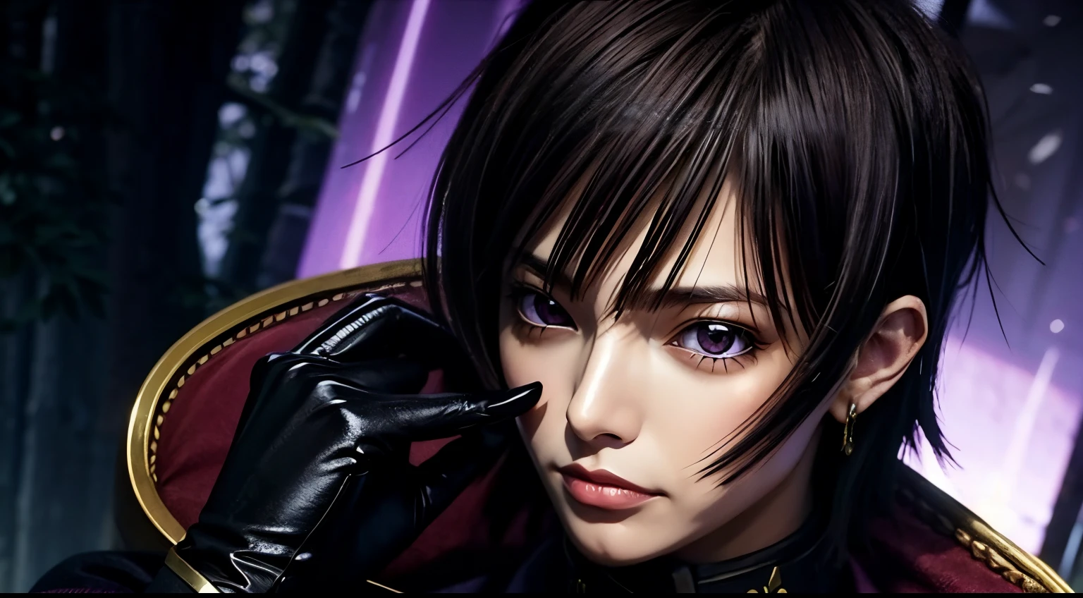 cosmieyes, in a dark forest with trees in the background sitting on a red couch,purple light shining, black and yellow outfit,black cape,cape, chain-link_fence, coat,gloves, lelouch_lamperouge,jewelry,gem, black_hair,purple_eyes,earrings,short hair, purple light in their eyes, upper body, detailed face, detailed eyes, extremely beautiful face