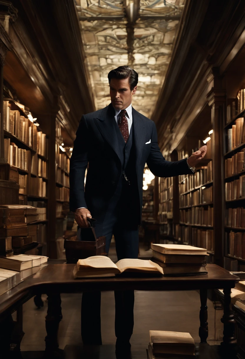 A photo of Bruce Wayne browsing through a collection of rare books in a vintage bookstore.,Batman,Bruce Wayne, the man behind the Batman persona, is a striking figure with a tall, athletic build and sharp, handsome features, often dressed in the finest suits as befitting his status as a billionaire playboy. His dark hair and piercing gaze give him a commanding presence, yet there’s always a hint of the enigmatic in his demeanor., male