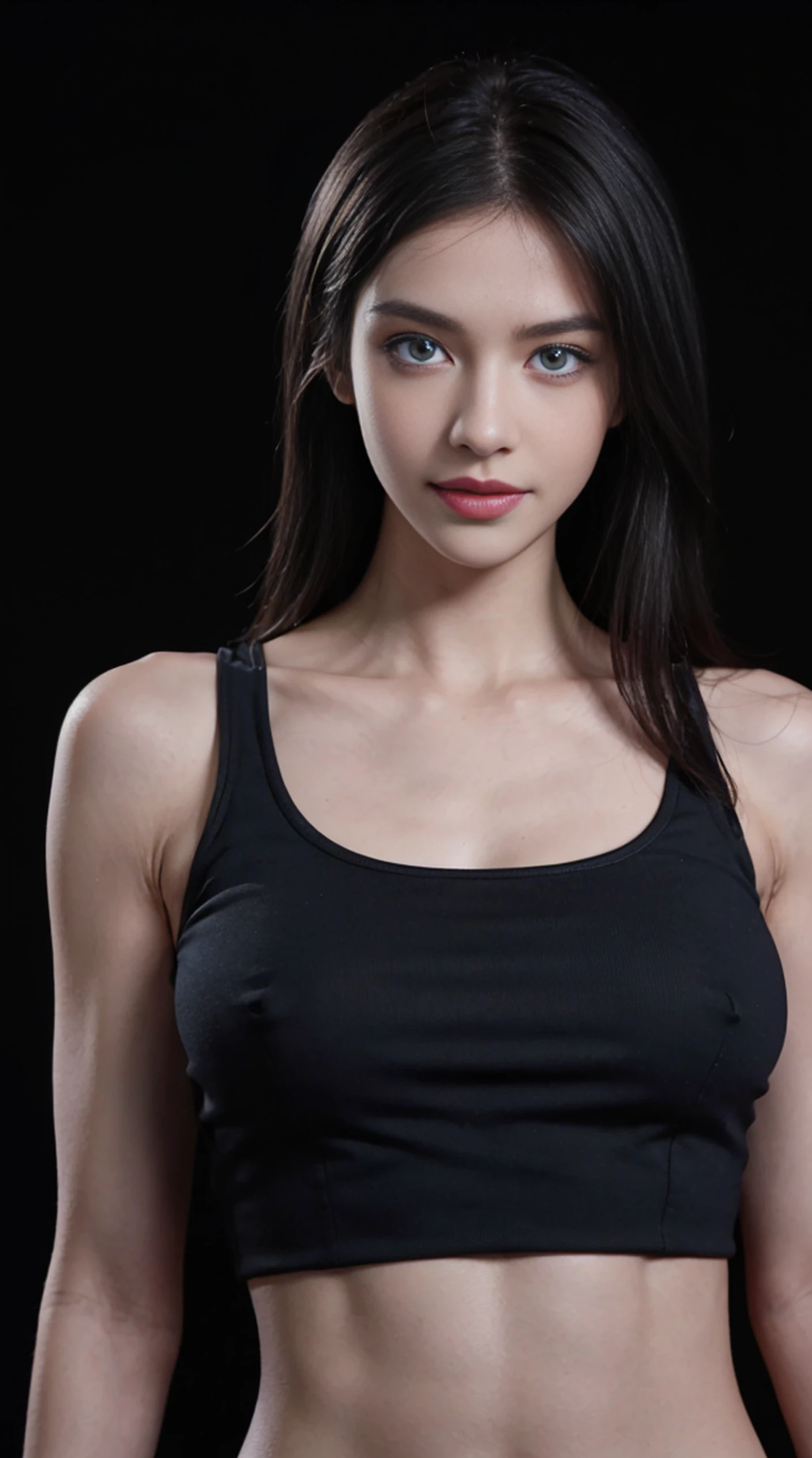 8K, Top Quality, Intricate Details, Ultra Detail, Ultra High Resolution, Masterpiece, full body, Slender, Smile, (Makeup: 0.4), (Fluffy Blue Eyes: 1.21), blue Eyes, looking at viewer, ((full body)), 1girl, solo, 1 girl, (( full body)), , , ((tall)), (((fit body))), (((slim face))), sharp face, sharp eyes, (((black hair, )) , (detailed face), sharp face, small lips,,
(( )), (( crop top)), detailed face, detailed breast, , large breast, detail ass, , Beautiful girl with accentuated slender abs: 1.4, Six Pack Abs: 1.4, Bust Botox, Big, Perfect Body, detail leg, (( dark background)), black background,