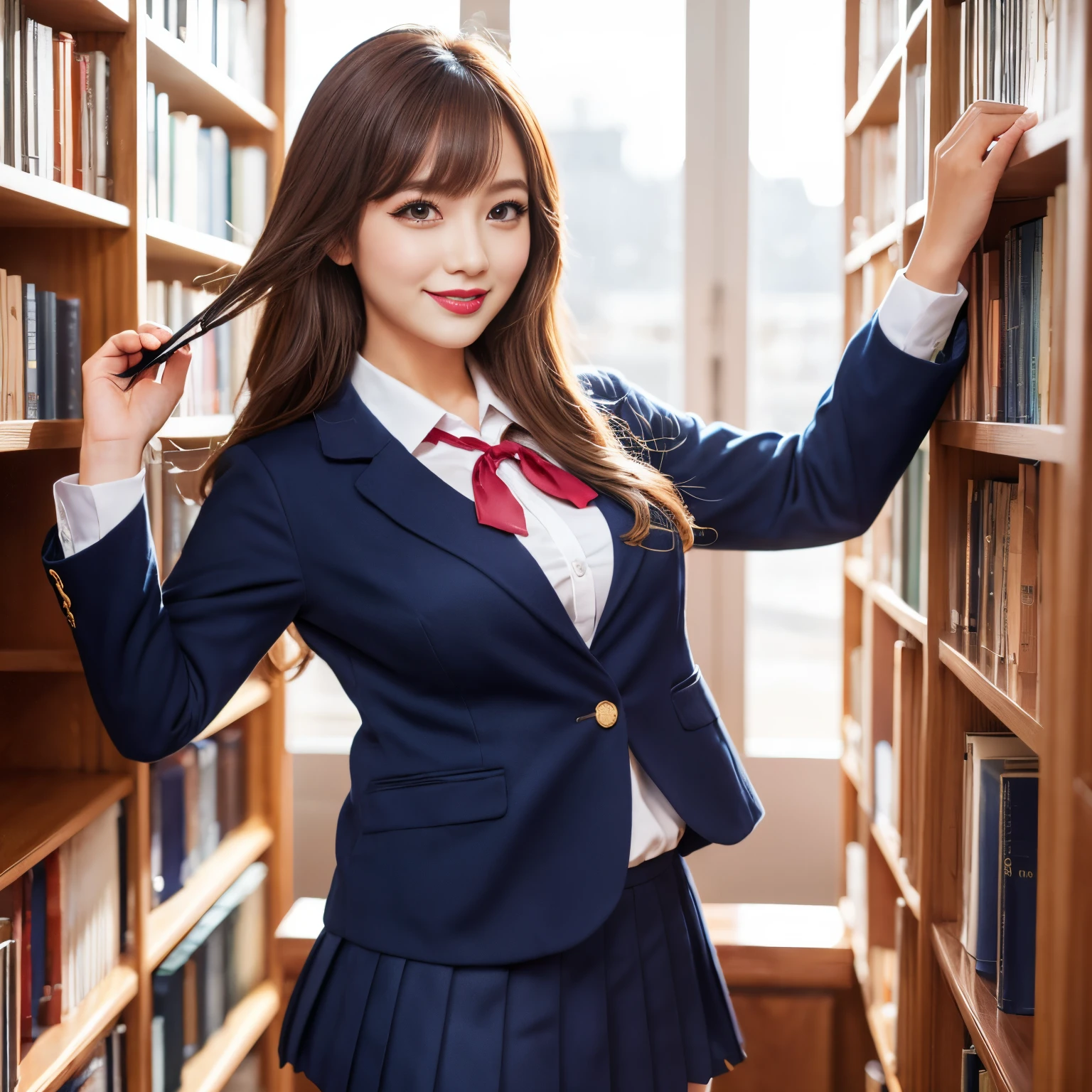 ((top-quality、masutepiece、8K、Top image quality))、Highly saturated、1 schoolgirl、((navy uniform blazer、Uniform Shirt、Red ribbons、navy pleats skirt))、The happiest smile、View me、waved hair、Being in the library、Stand next to a bookshelf、Bookshelf in background、cozy library、bright lipstick、long eyelashes、Perfect makeup、Emphasize body lines、large full breasts、soft warm lighting、Detailed bookshelf、accurate anatomy