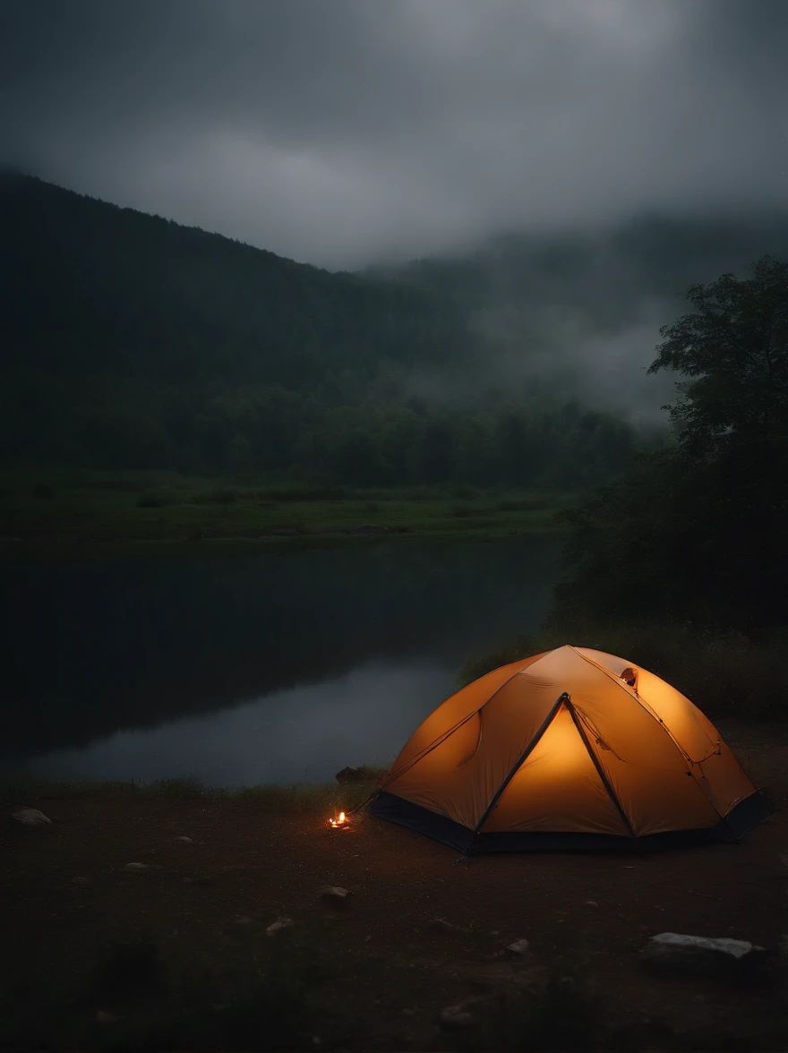 (8k, RAW photos, highest quality, masterpiece: 1.7), (Realistic, Photorealistic: 1.25), Camping in places with rivers and mountains on rainy days, Thunder and lightening